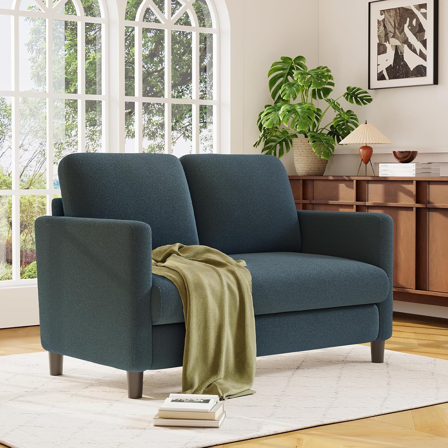 Welzona Loveseat, 51' Small Couch, Comfy Teddy Love Seat for Living Room, Tool-Free Setup Loveseat Sofa for Small Spaces, All-Wood Small Sofa Couch for Bedroom, Blue Grey
