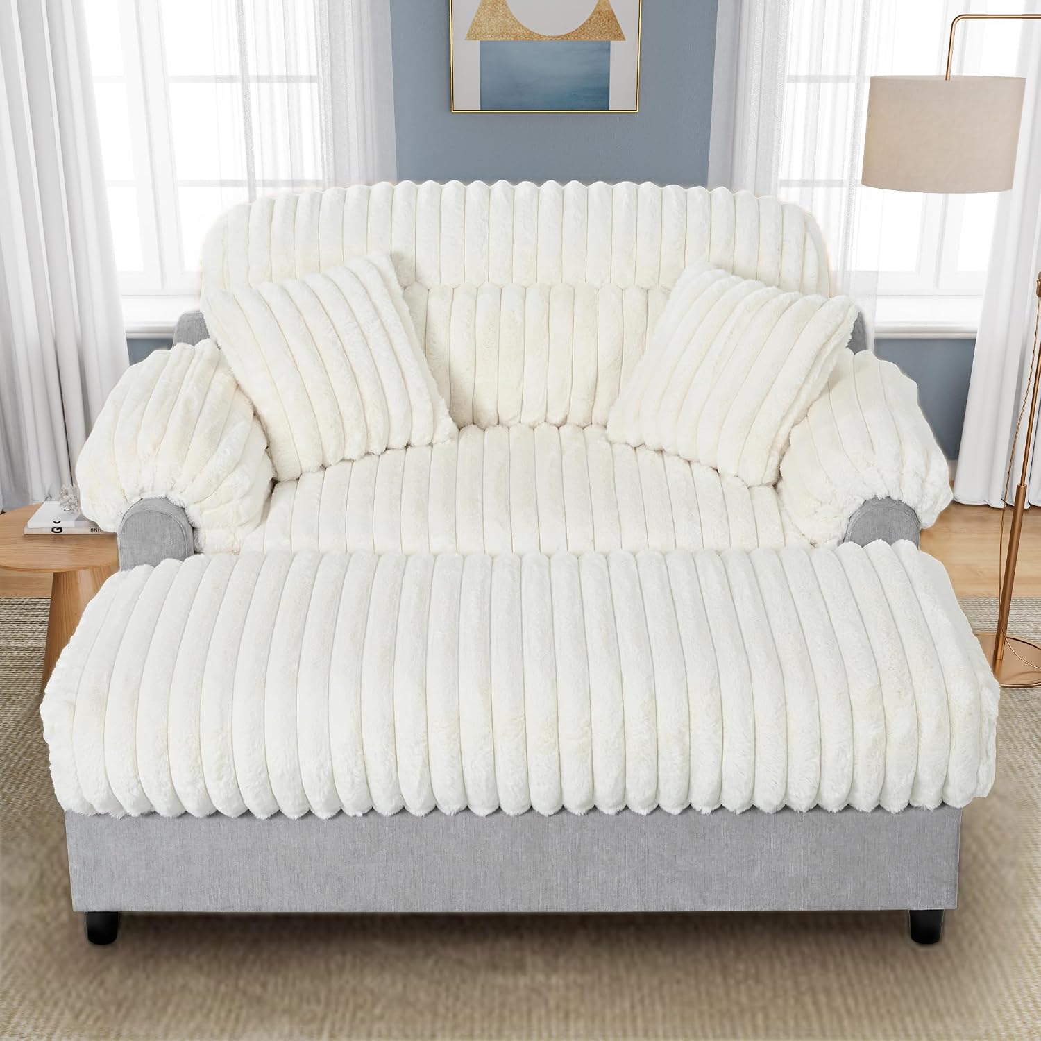 Merax 65' Oversized Chaise Lounge Chair with 2 Throw Pillows, Cloud Chaise Sofa Cozy Plush Boneless Sofa Bed for Living Room, Ergonomic Backrest & Curved Armrest (Beige)