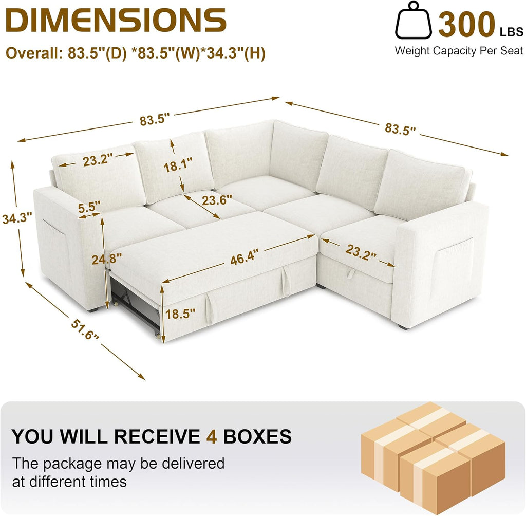 83.5' Sectional Sleeper Sofa with Pull Out Couch, Modern 5 Seat L Shaped Modular Couch, Sectionals Modular Sofa with Storage, Comfy Sectional Couches for Living Room & Apartment, Light Beige