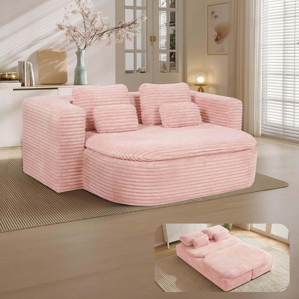 75'' Folding Sleeper Sofa Bed, Convertible Memory Foam Boneless Couch, Foldable Full Size Guest Bed, Modern 2-in-1 Futon Floor Sleeper Sofa with 4 Pillows and Blanket (Corduroy, Pink)