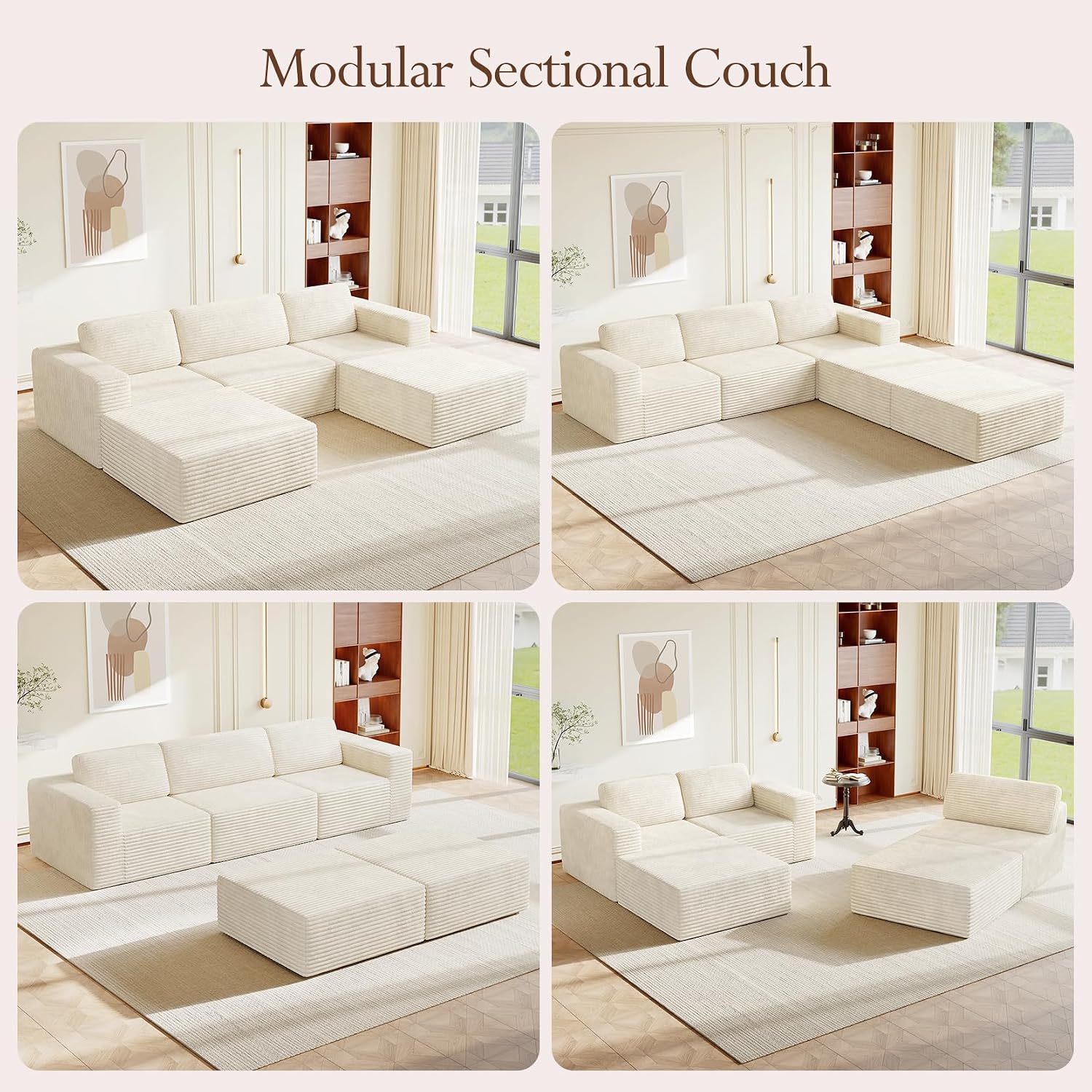Vesgantti 119' Oversized U-Shaped Modular Sectional Sofa, Corduroy Cloud Couch with Deep Seating & Spring Support, Convertible Sofa with 2 Ottomans, Boneless Couch, No Assembly Required, Beige