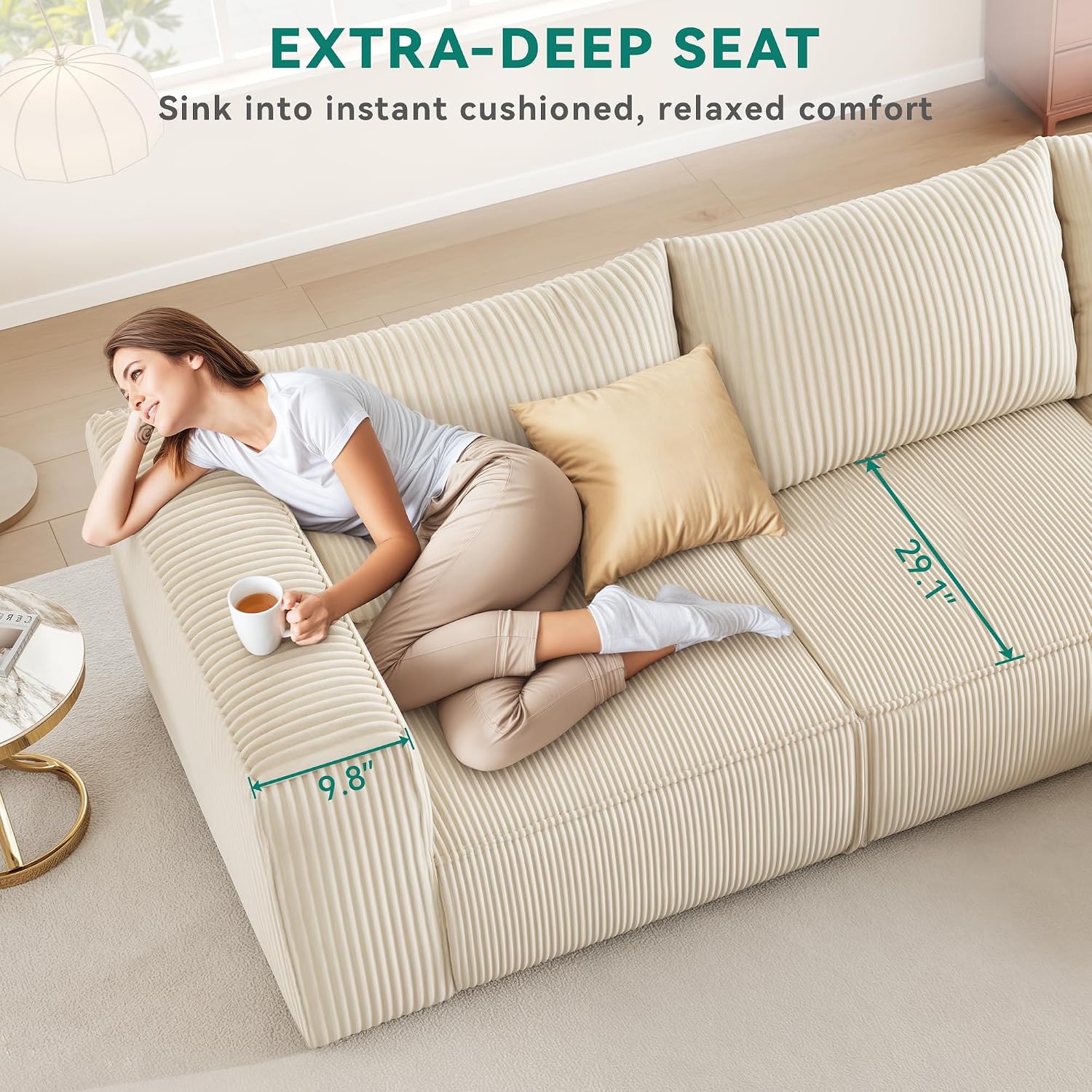 DWVO Oversized Deep Modular Sectional Sofa, 3-Seat Cloud Couch with 3 Pillows, Corduroy Sectional Couches for Living Room, Apartment, Office, Hotel, Bedroom, No Assembly Needed, Milky White