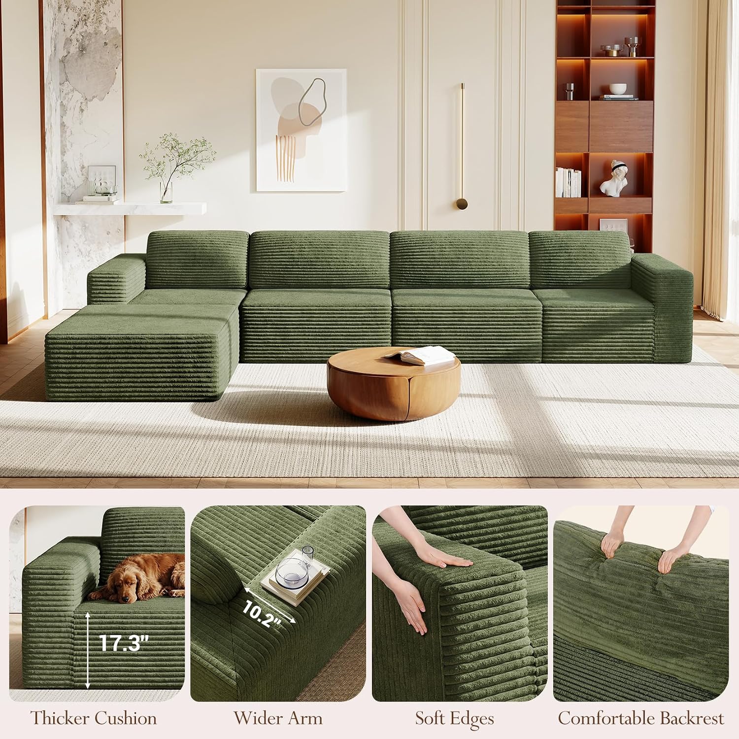 Vesgantti 159' Large Modular Sectional Sofa, L-Shaped Corduroy Cloud Couch with Deep Seats & Spring Support, 4-Seater Boneless Sofa with Movable Ottoman, No Assembly Needed, Green