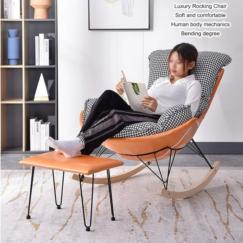 Rocking Boho Papasan Rocking Chair for Nursery Accent Chairs,High Back Tufted Design Rocking Chair,Upholstered Leather Padded Seat Glider Recliner,Solid Wood Base for Living Room/Bedroom Rocker Chair