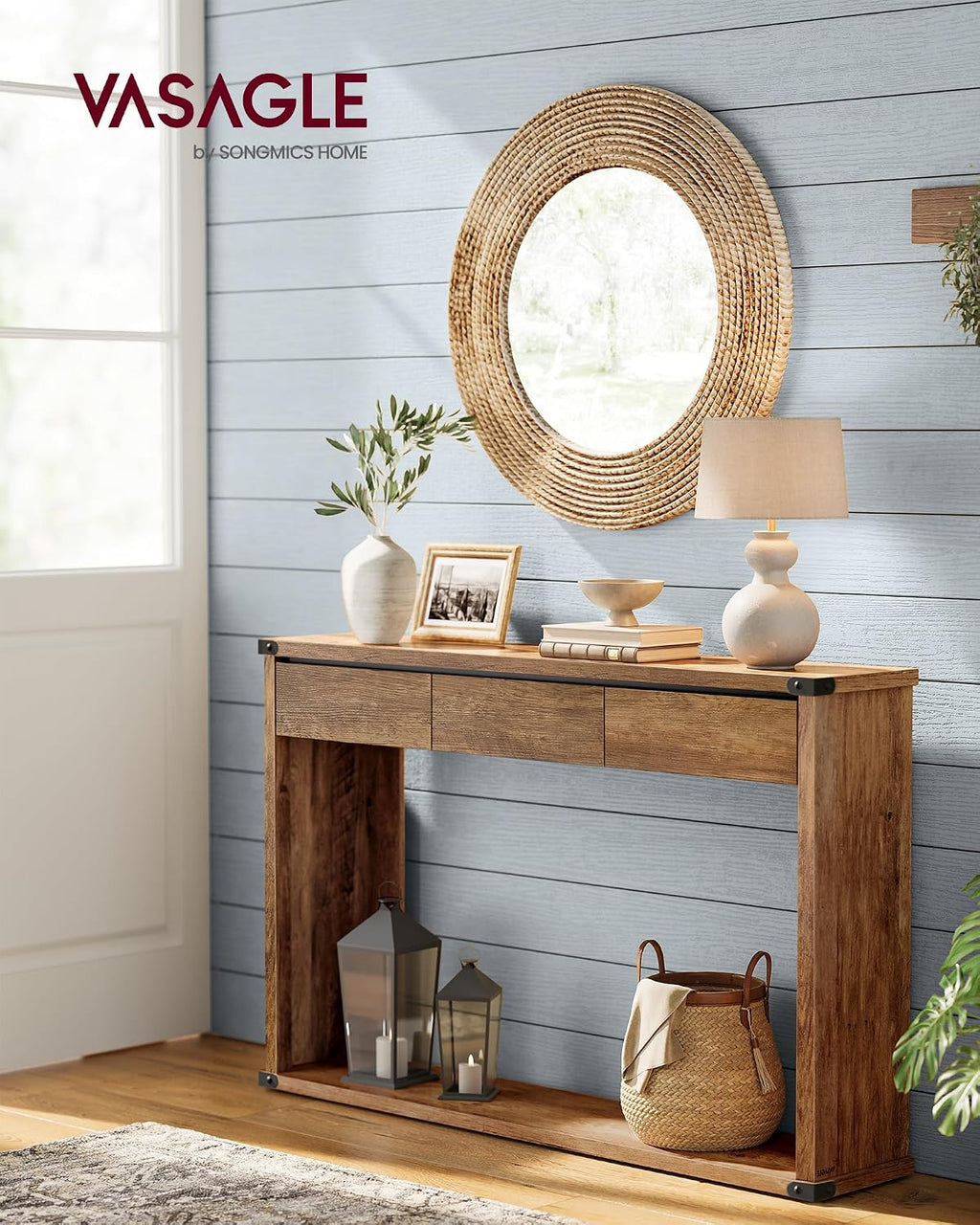 VASAGLE Sofa Console Table, 47.2 Inches Narrow Entryway Table with 3 Drawers, Bottom Shelf, Metal Corners, for Living Room, Bedroom, Farmhouse Style, Honey Brown ULNT143KB01S
