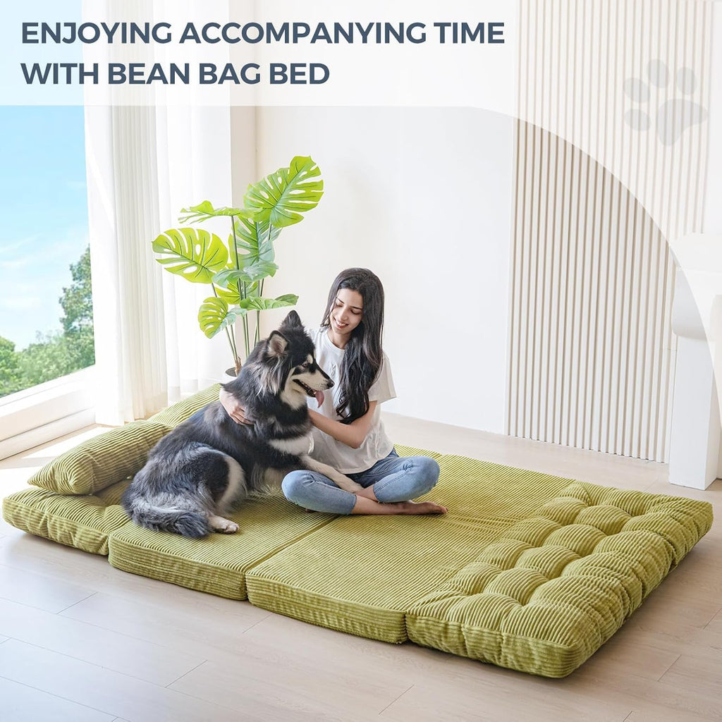 MAXYOYO Folding Sofa Bed, Tufted Bean Bag Bed with Pillows Floor Mattress for Adults, Extra Thick and Long Floor Sofa, Full Floor Couch Bed for Bedroom Living Room, Green, 54x91 Inch