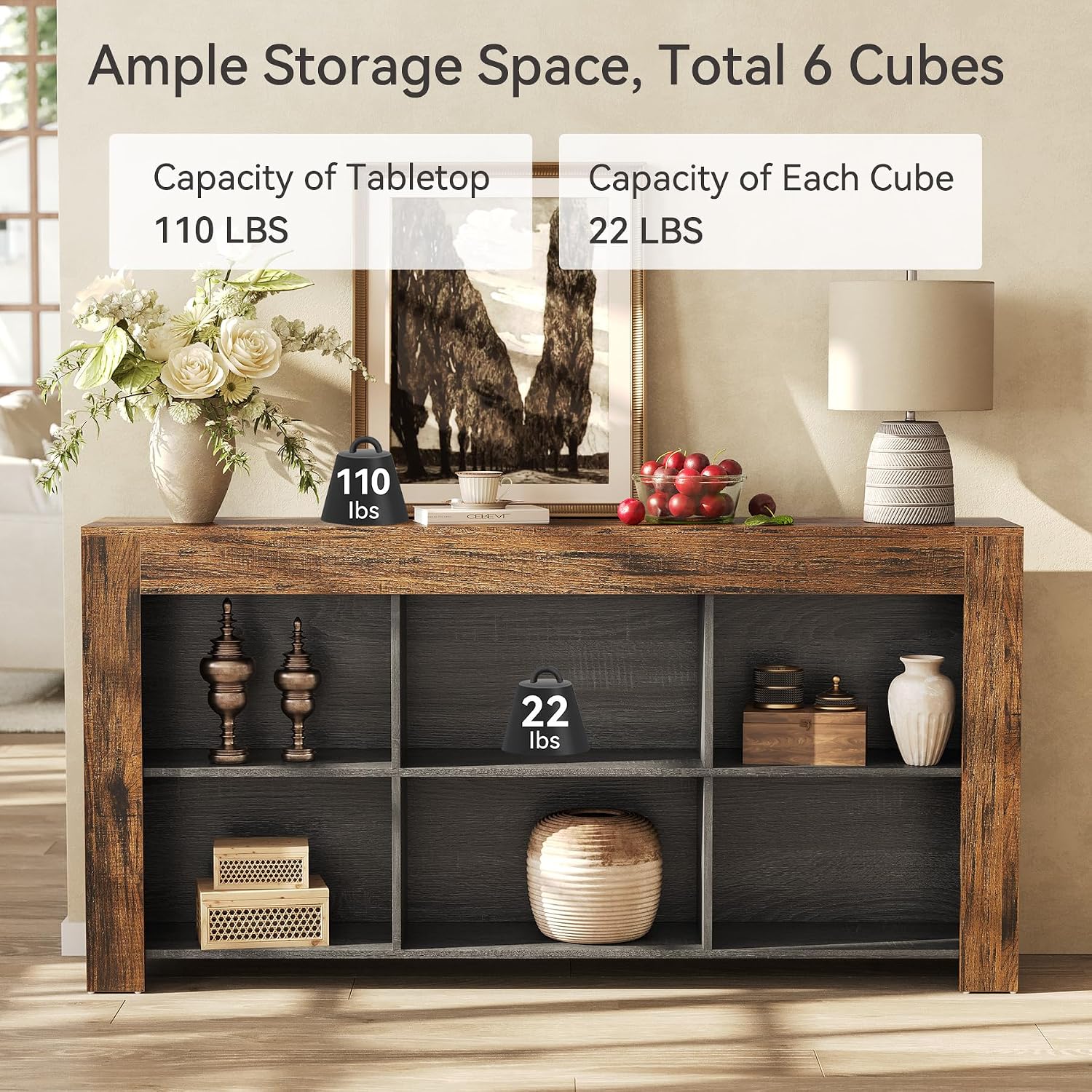 LITTLE TREE Console Table with Storage, 63-Inch Narrow Long Sofa Table, Entryway Table with 6 Cubes, Farmhouse Storage Shelves for Entryway, Living Room