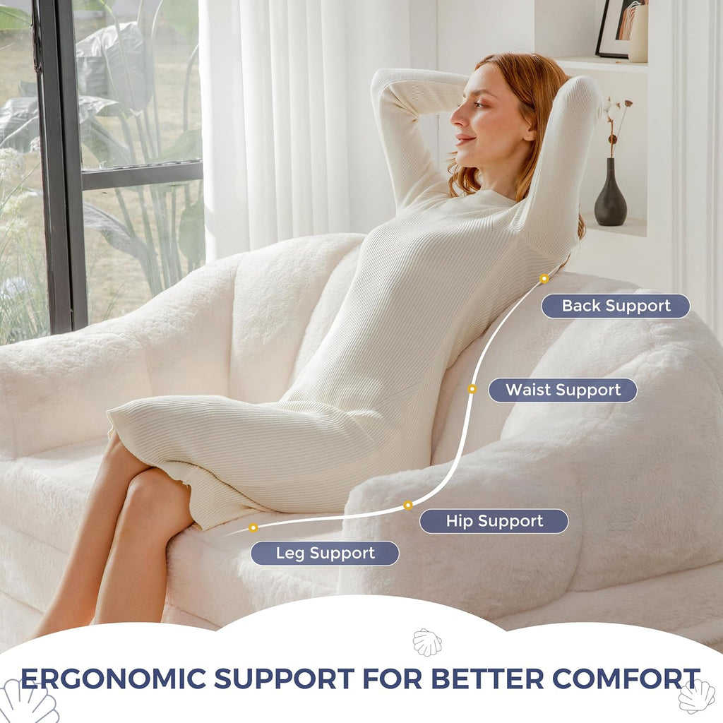 MAXYOYO Folding Sofa Bed, 2 in 1 Convertible Sofa to Lounger Comfy Loveseat Bean Bag Chair for Adults, Floor Sleeper Couch with Handle, Faux Fur Couch Bed for Living Room Bedroom, Beige, Loveseat