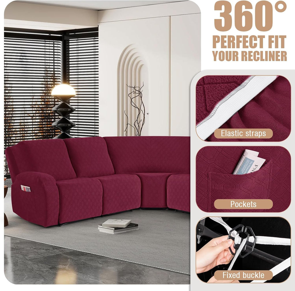 VANSOFY Extra Large Reclining Sectional Couch Covers, Washable 5-Piece Sofa Covers for L Shape Sectional Sofa Corner Seater, Thick, Soft Sofa Slipcovers (5 Seat Recliner Cover, Burgundy)