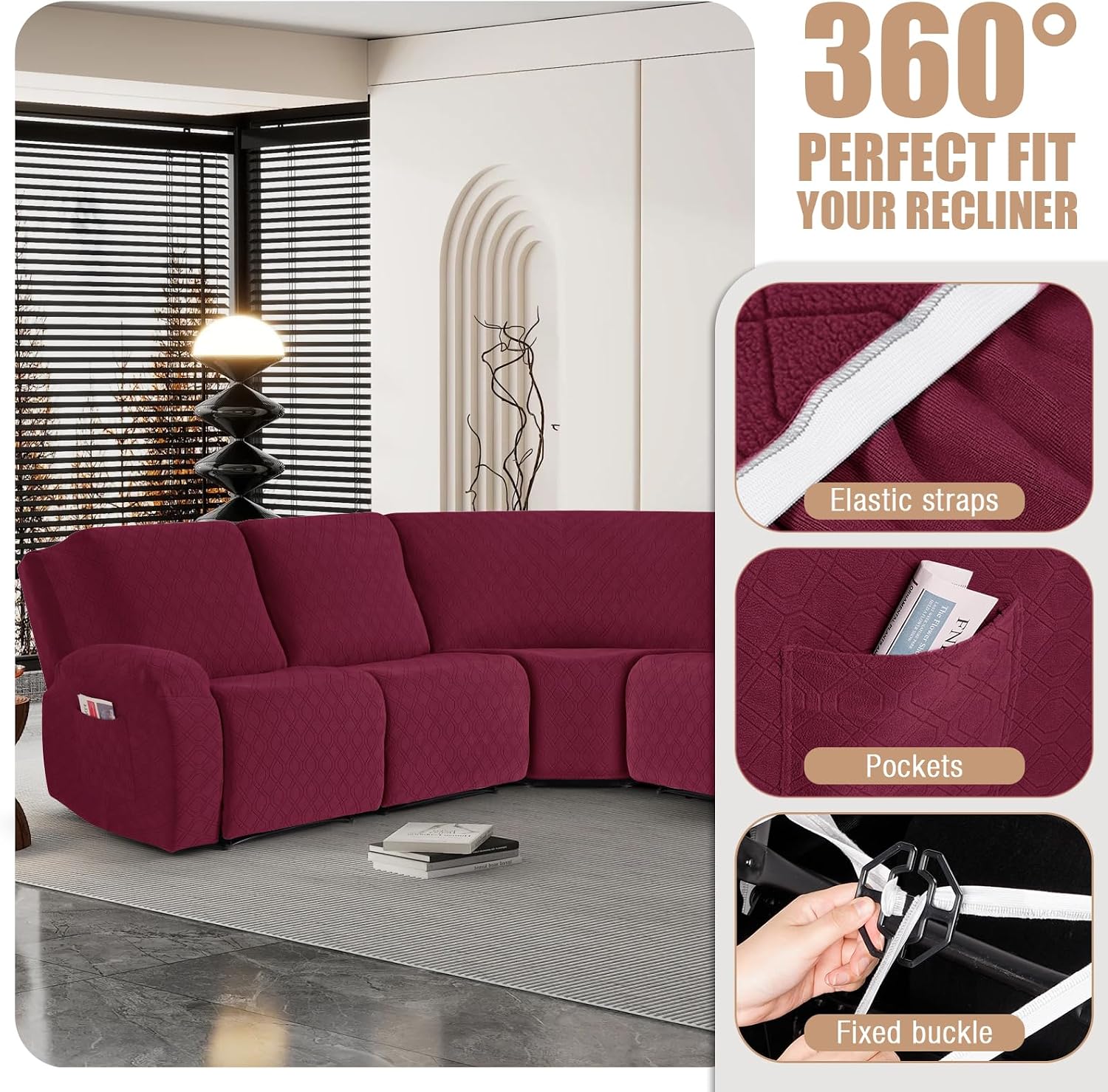VANSOFY Extra Large Reclining Sectional Couch Covers, Washable 5-Piece Sofa Covers for L Shape Sectional Sofa Corner Seater, Thick, Soft Sofa Slipcovers (5 Seat Recliner Cover, Burgundy)