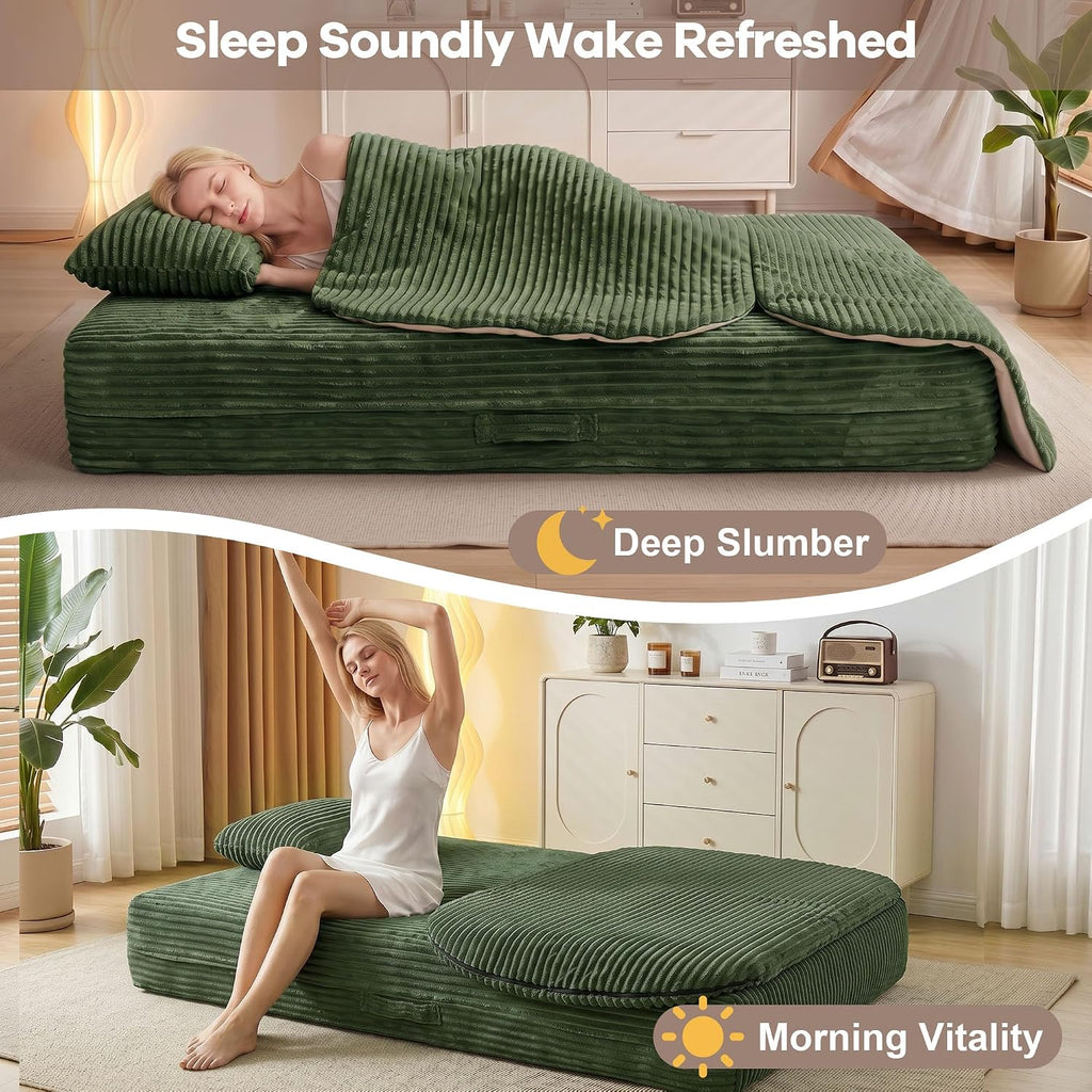 75'' Folding Sleeper Sofa Bed, Convertible Memory Foam Boneless Couch, Foldable Full Size Guest Bed, Modern 2-in-1 Futon Floor Sleeper Sofa with 4 Pillows and Blanket (Corduroy, Green)
