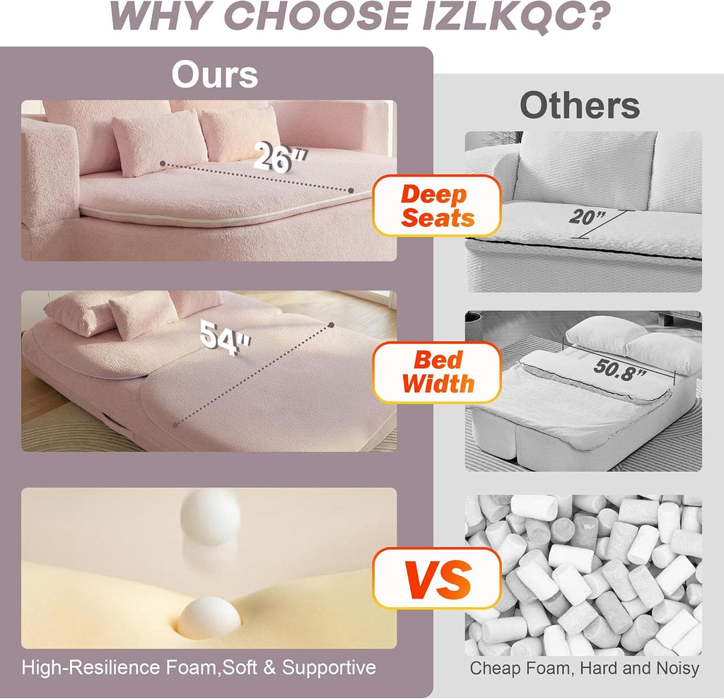 75'' Folding Sleeper Sofa Bed, Convertible Memory Foam Boneless Couch, Foldable Full Size Guest Bed, Modern 2-in-1 Futon Floor Sleeper Sofa with 4 Pillows and Blanket (Teddy, Pink2)