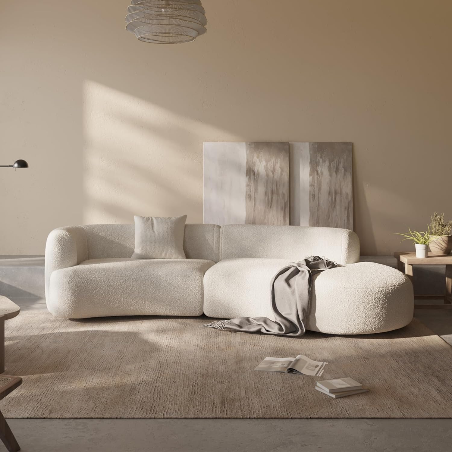 Acanva Modern Curved Sectional Living Room Couch, Minimalist Comfy Boucle Fabric Modular Sofa for Apartment, Home Office, 114' W Right Hand Facing, White