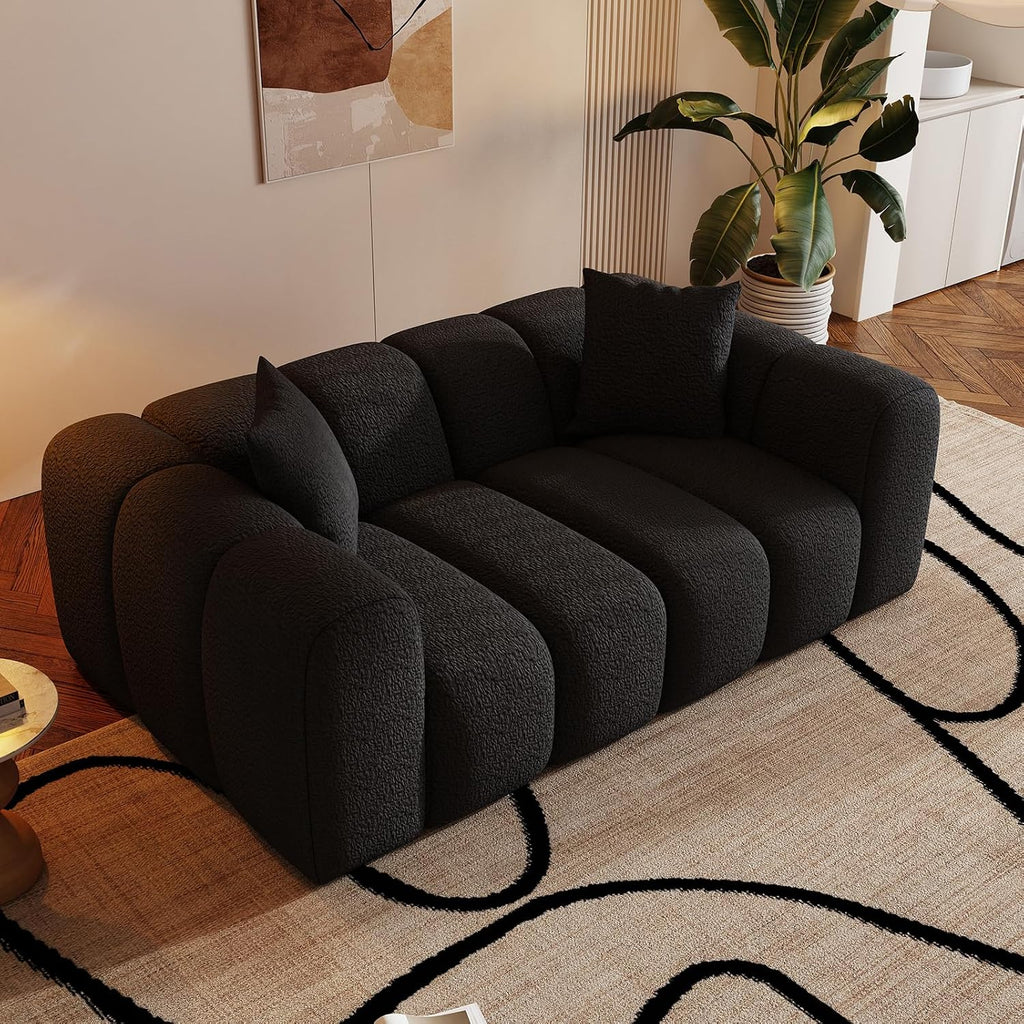 WHGBJA 70' Modern Chenille Fabric Sofa Couch – One-Piece Memory Foam 3-Seater Sofa with Rounded Arms, Soft & Cozy Upholstery for Living Room (Black)
