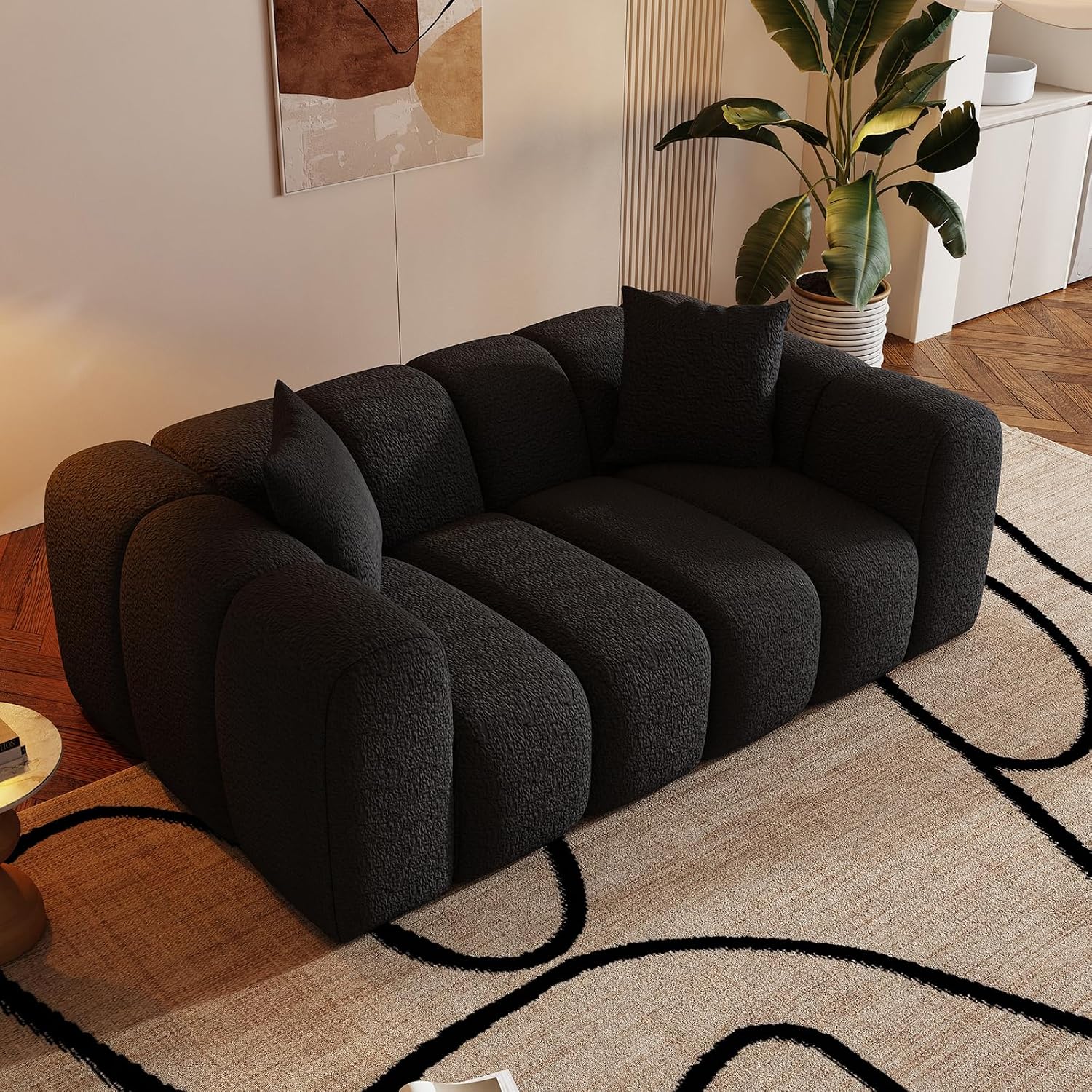 WHGBJA 70' Modern Chenille Fabric Sofa Couch – One-Piece Memory Foam 3-Seater Sofa with Rounded Arms, Soft & Cozy Upholstery for Living Room (Black)