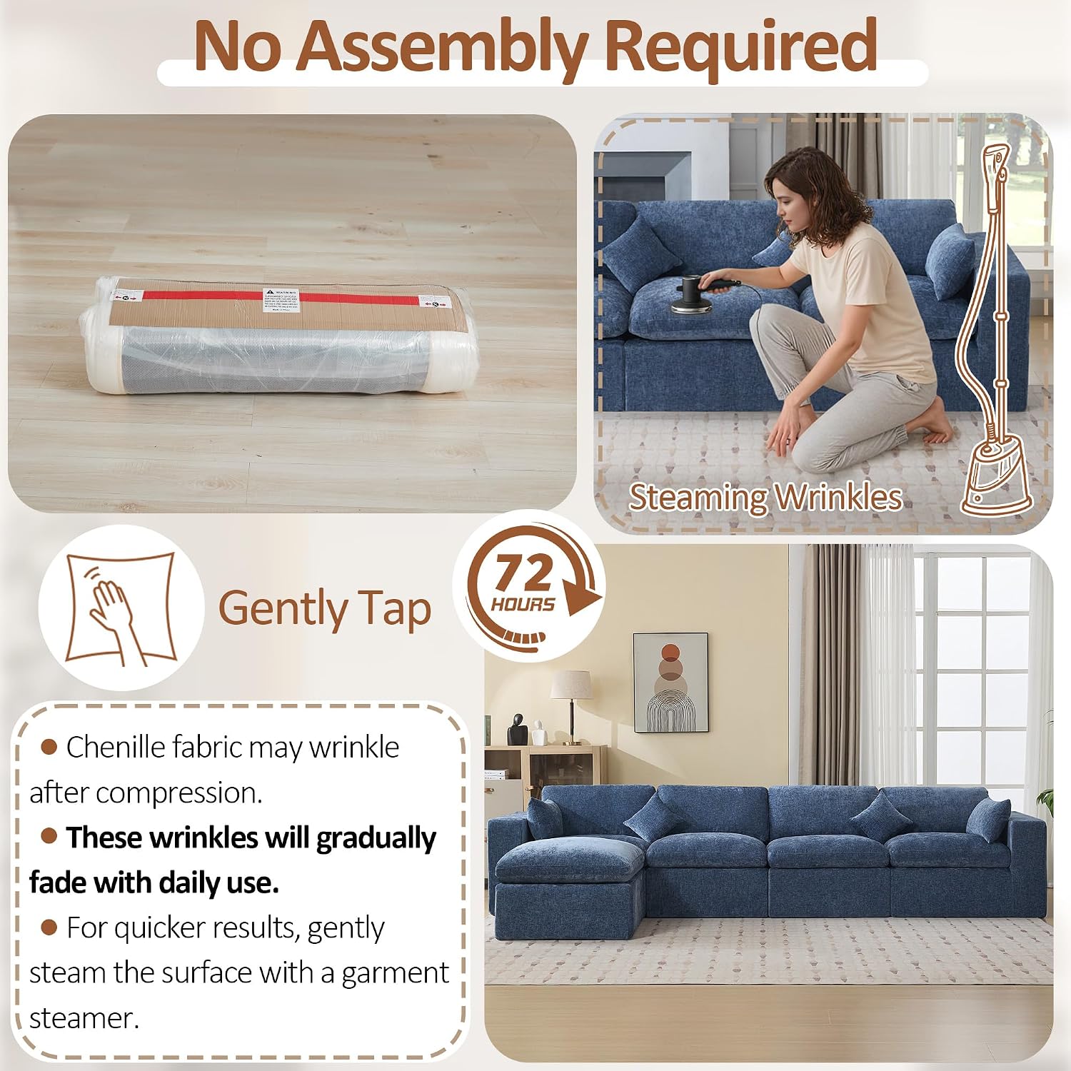 146''Cloud Boneless Sectional Couch, Modular Sectional Sofa Deep Seat with Ottoman, Oversized Upholstered Convertible Comfy 5 Seater Chenille Sofa L Shape Couches for Living Room, Blue