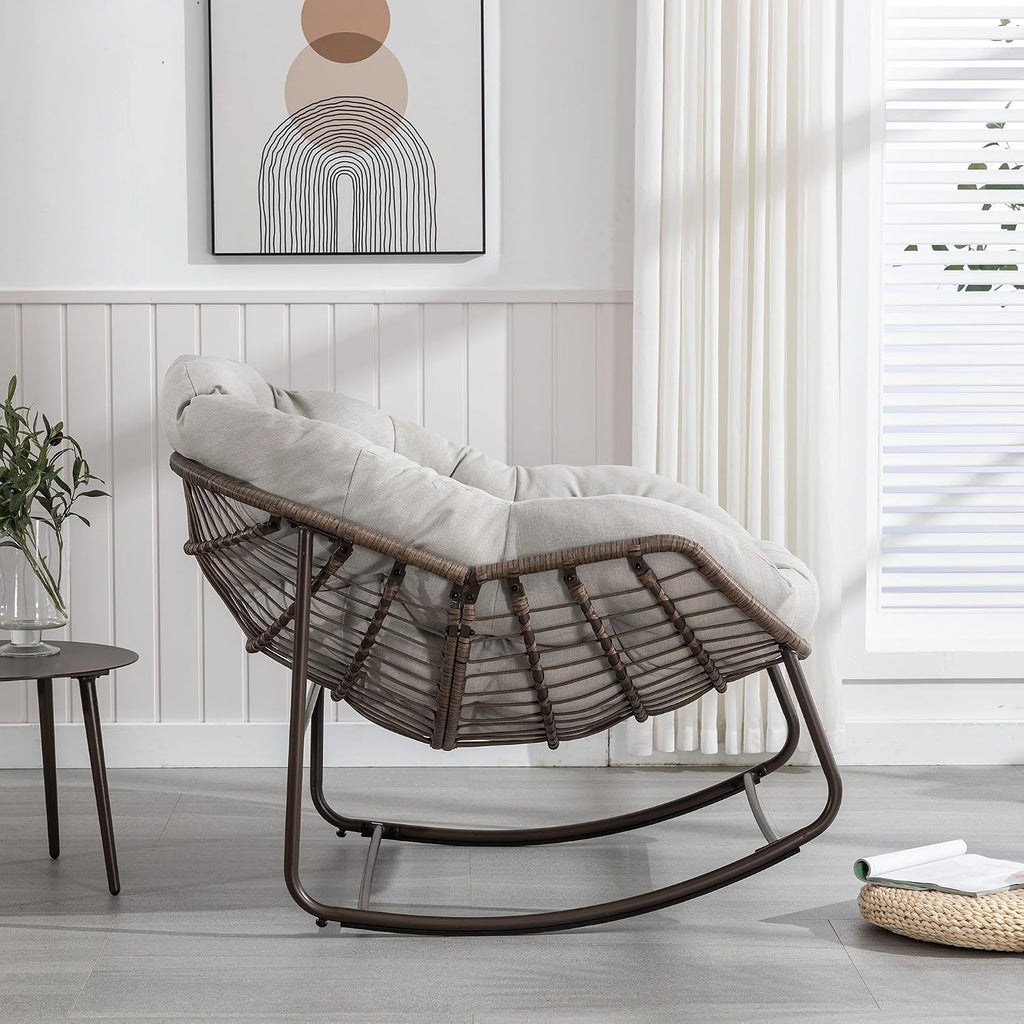 Patio Rocking Chairs, Oversized Wicker Egg Rocking Chair,Indoor & Outdoor Upholstered Papasan Chairs, Modern Lounge Chair for Balcony,Living Room Patio, Front Porch, Garden
