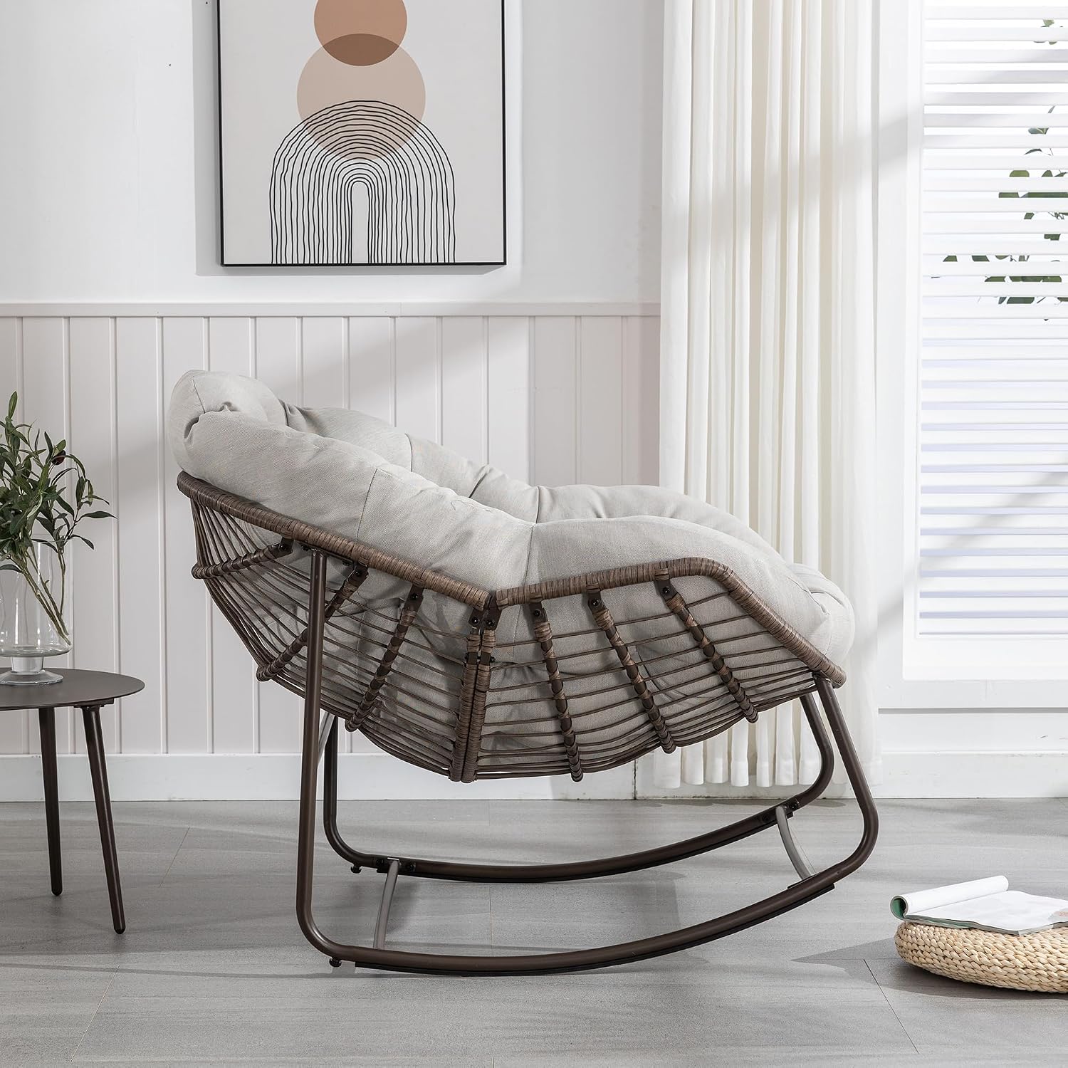 Patio Rocking Chairs, Oversized Wicker Egg Rocking Chair,Indoor & Outdoor Upholstered Papasan Chairs, Modern Lounge Chair for Balcony,Living Room Patio, Front Porch, Garden