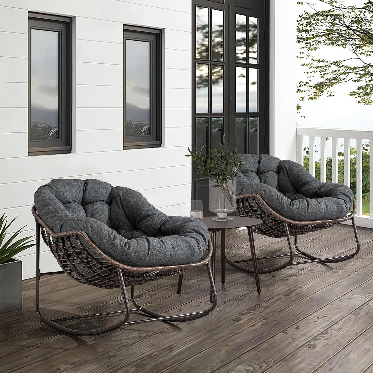 Patio Rocking Chairs, Oversized Wicker Egg Rocking Chair,Indoor & Outdoor Upholstered Papasan Chairs, Modern Lounge Chair for Balcony,Living Room Patio, Front Porch, Garden(Grey)