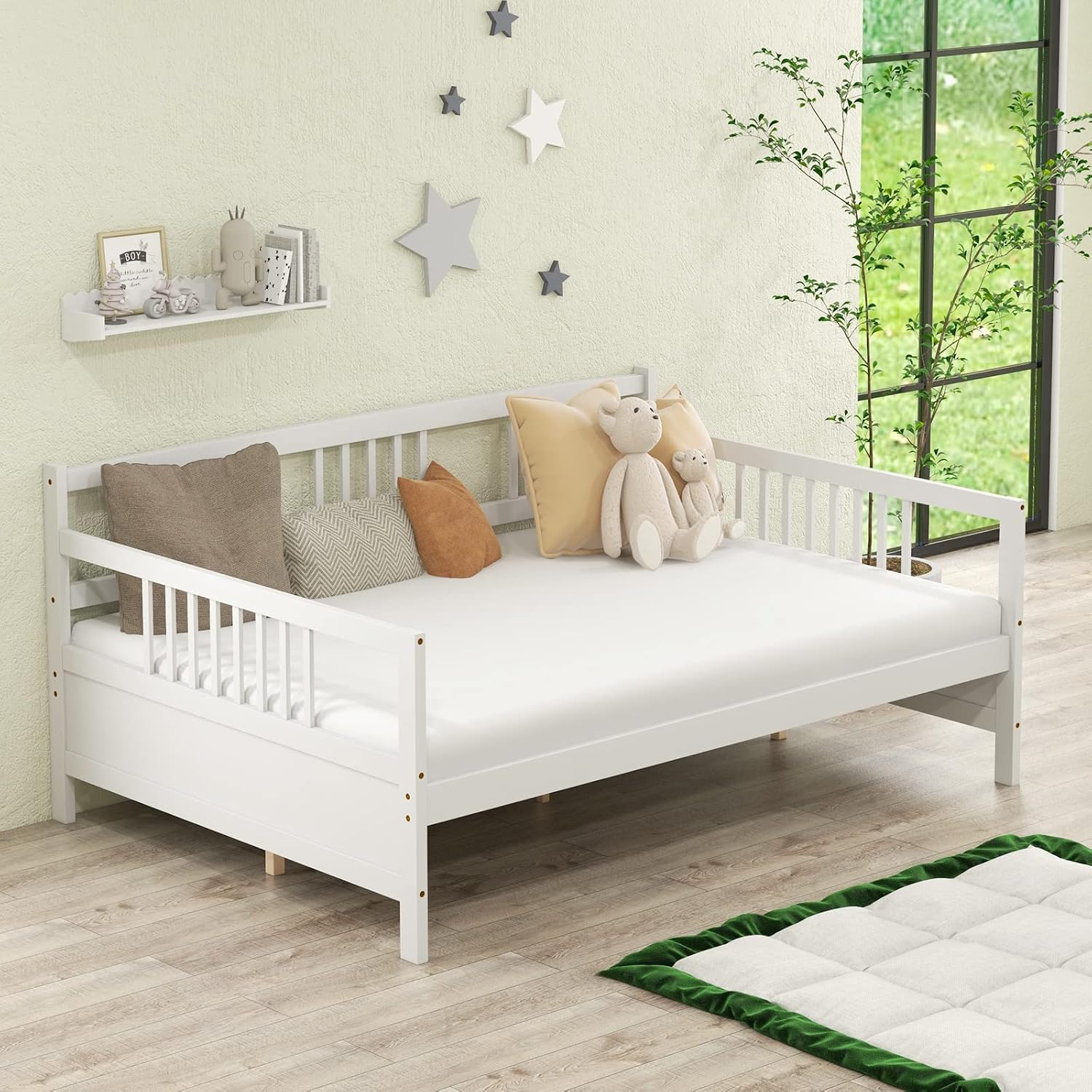 Giantex Full Size Daybed, Wooden Daybed Sofa Bed Frame with Wood Slat Support for Kids Teens, Multi-Functional Day Bed for Living Room Bedroom Guest Room, No Box Spring Needed, White