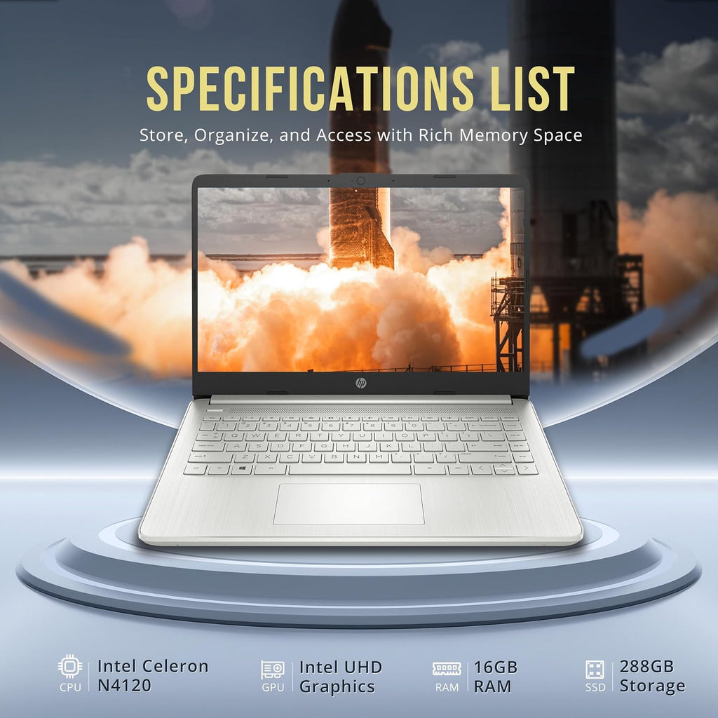 HP Stream 14' HD BrightView Laptop, Intel Celeron N4120, 16GB RAM, 288GB Storage (128GB eMMC + 160GB SSD Docking Station Set), Intel UHD Graphics, HD Webcam, Wi-Fi, 1 Year Office 365, Win 11 S, Silver