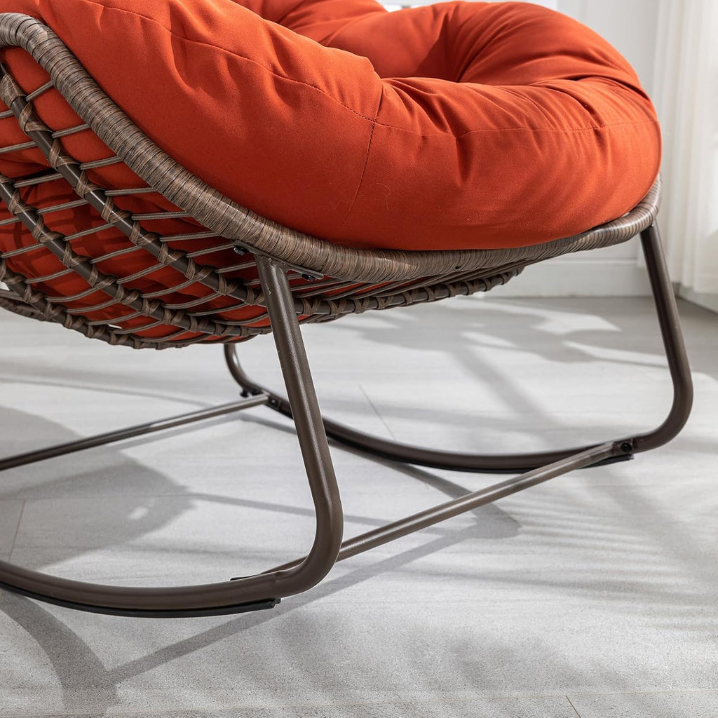 JEEOHEY Papasan Rocking Chairs Outdoor Indoor, Oversized Rattan Rocker Patio Chair with Padded Cushion, Comfy Modern Indoor Egg Chair for Living Room, Bedroom, Porch, Garden, Balcony(Velvet, Orange)