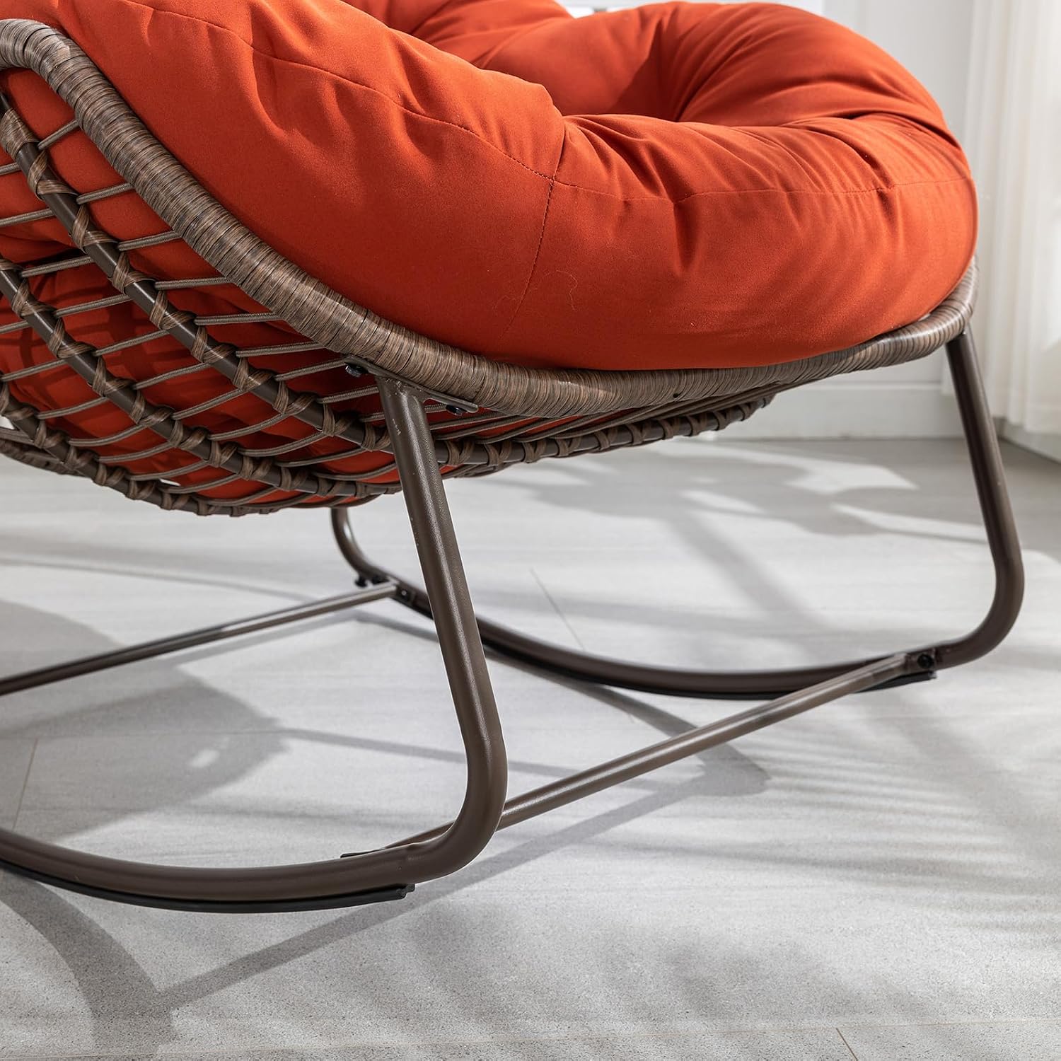 JEEOHEY Papasan Rocking Chairs Outdoor Indoor, Oversized Rattan Rocker Patio Chair with Padded Cushion, Comfy Modern Indoor Egg Chair for Living Room, Bedroom, Porch, Garden, Balcony(Velvet, Orange)