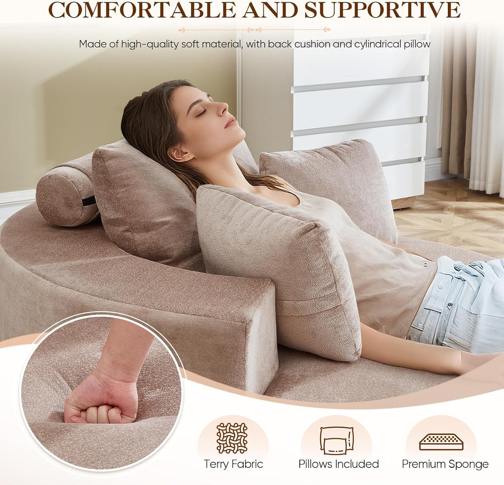 Antetek Oversized Round Chaise Longue Chair Indoor, Modern 55-inch Upholstered Terry Fabric Deep Seat Circle Single Cloud Floor Accent Chair for Living Room,Bedroom,Apartment, Camel
