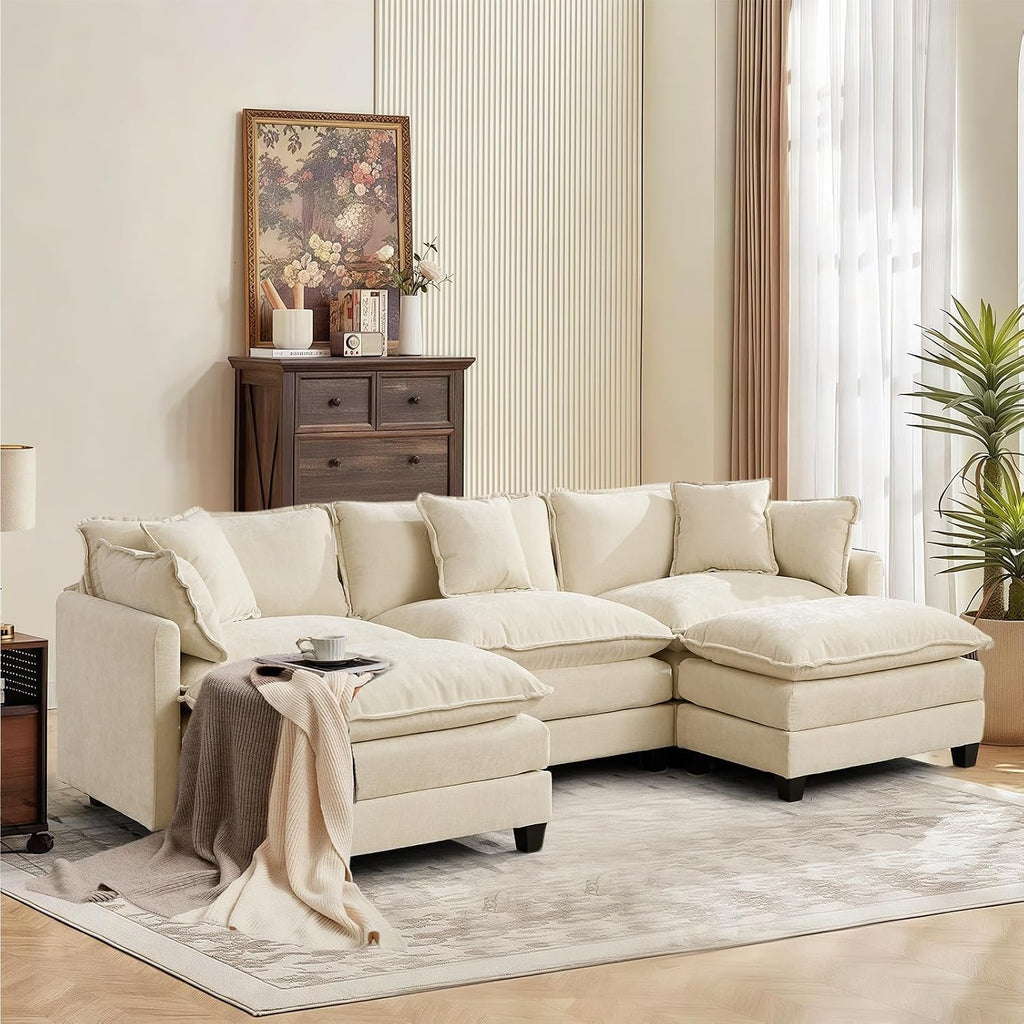 SoarFlash 113.78' Chenille Sectional Sofa, Comfy U Shaped Modular Coush Sofa with Ottoman, Modern 4 Seat Couch Deep Seat Sofa Set for Living Room,Beige