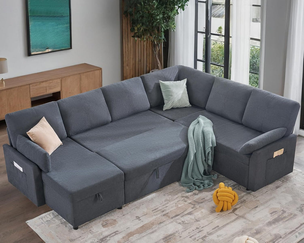 AMERLIFE 112 inch Sleeper Sofa, 2-in-1 Sofa Bed with Storage Chaise, Oversized U Pull Out Shape Sofa Couch for Living Room, Guest Room, Linen Grey