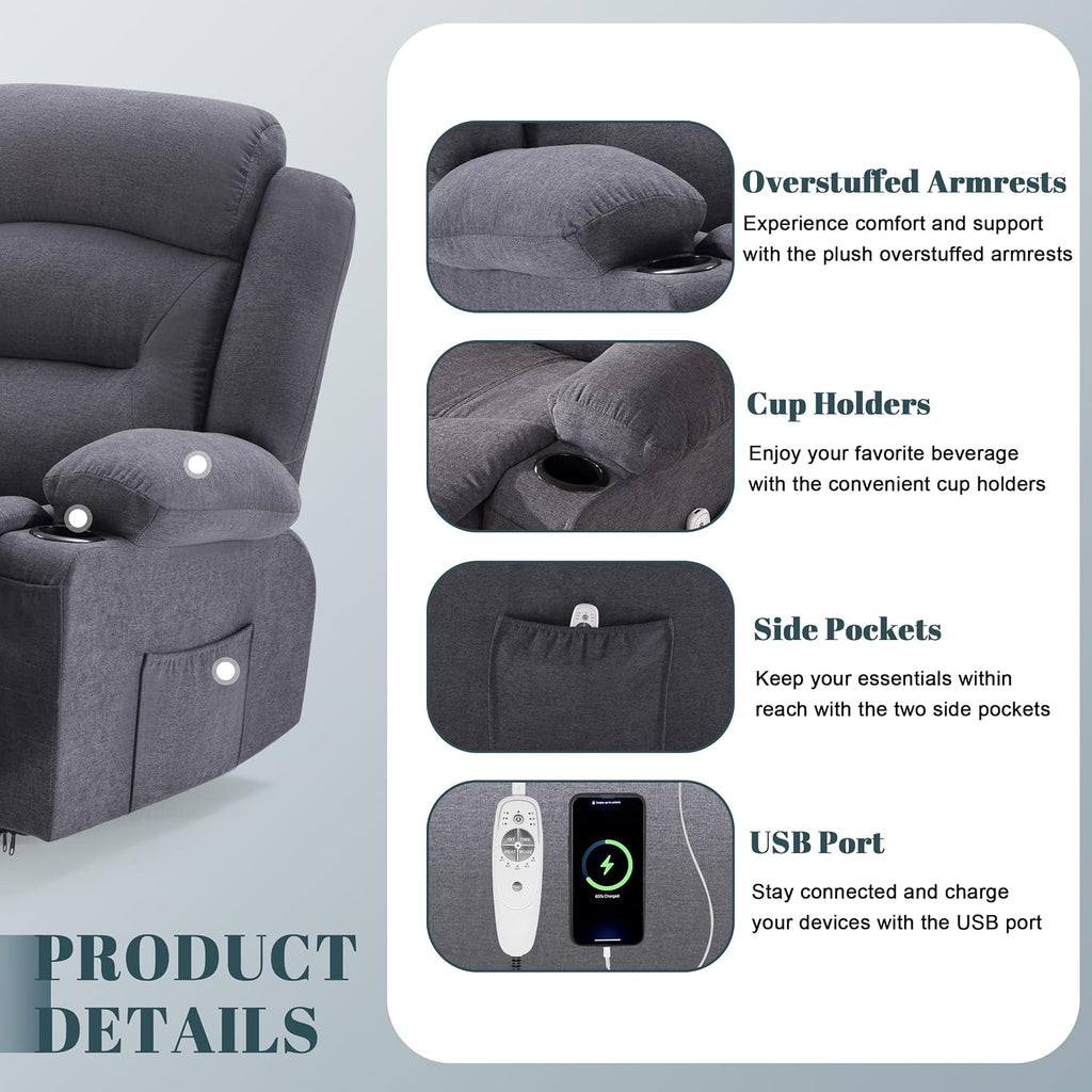 Oversized Recliner Sofa with Heat and Massage, Big Large 3-Seater RV Recliner Couch Sofa for Living Room, Wall-Hugger Reclining Sofa with Cup Holders and USB Port (Fabric, Grey)