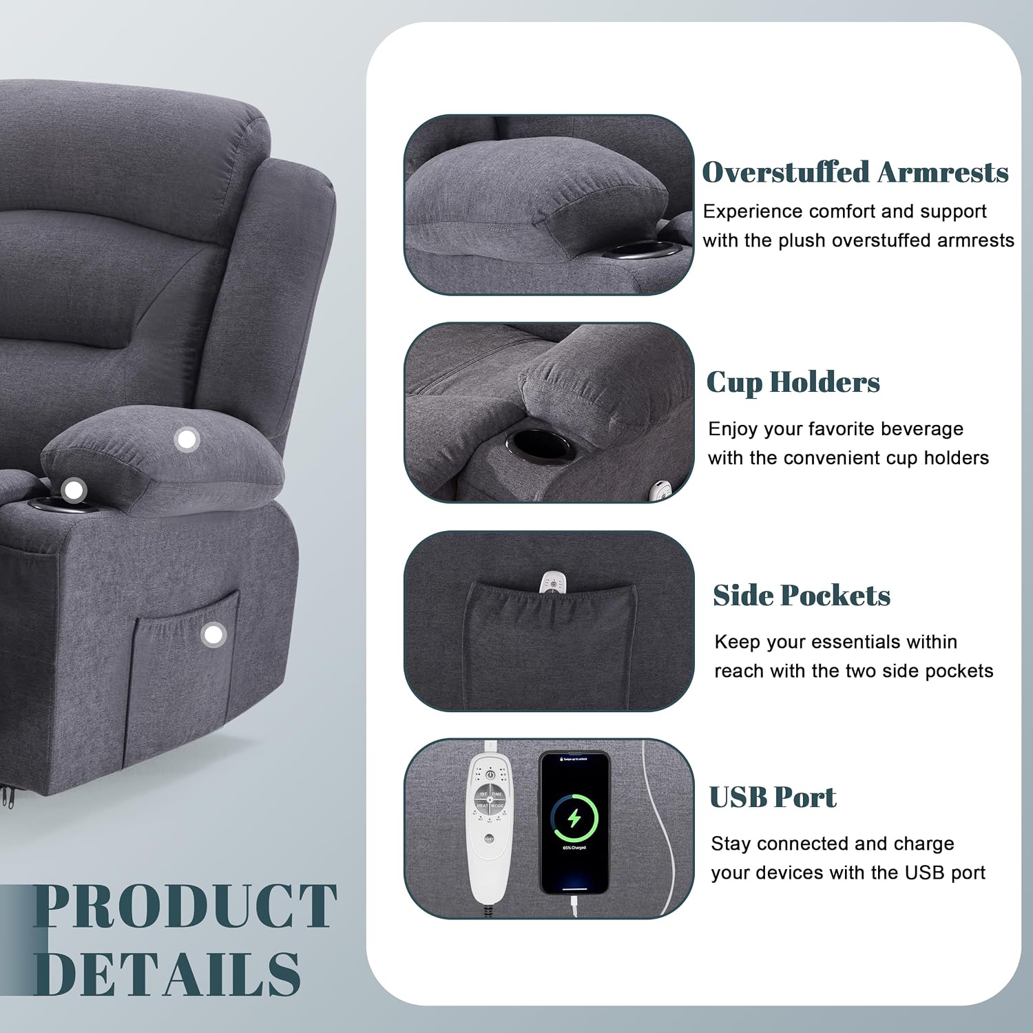 Oversized Recliner Sofa with Heat and Massage, Big Large 3-Seater RV Recliner Couch Sofa for Living Room, Wall-Hugger Reclining Sofa with Cup Holders and USB Port (Fabric, Grey)