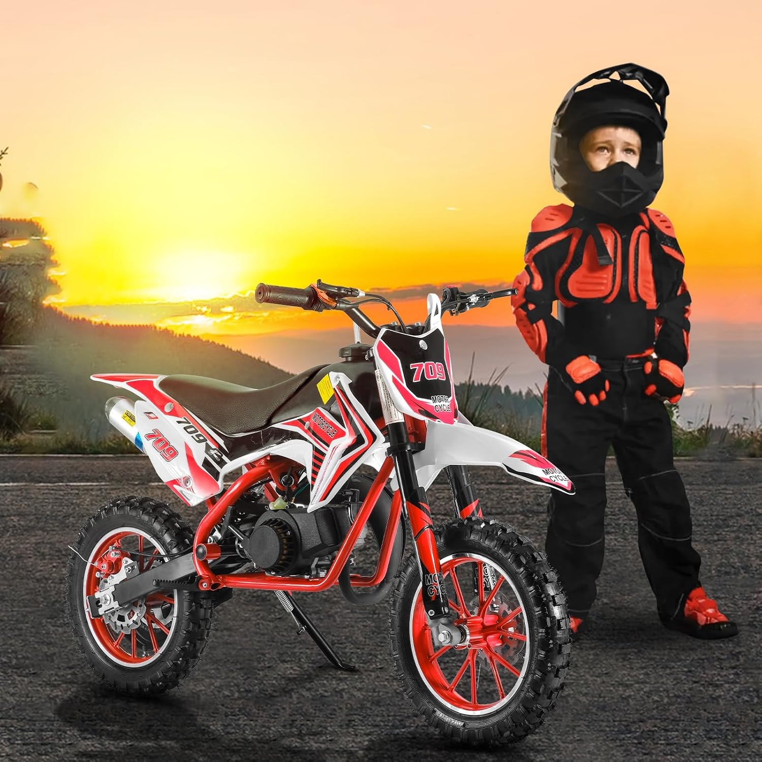 50cc Kids Dirt Bike | Gas Powered Mini Motorcycle for Ages 8-14 with 10' Off-Road Tires & Front-Rear Disc Brakes Red C