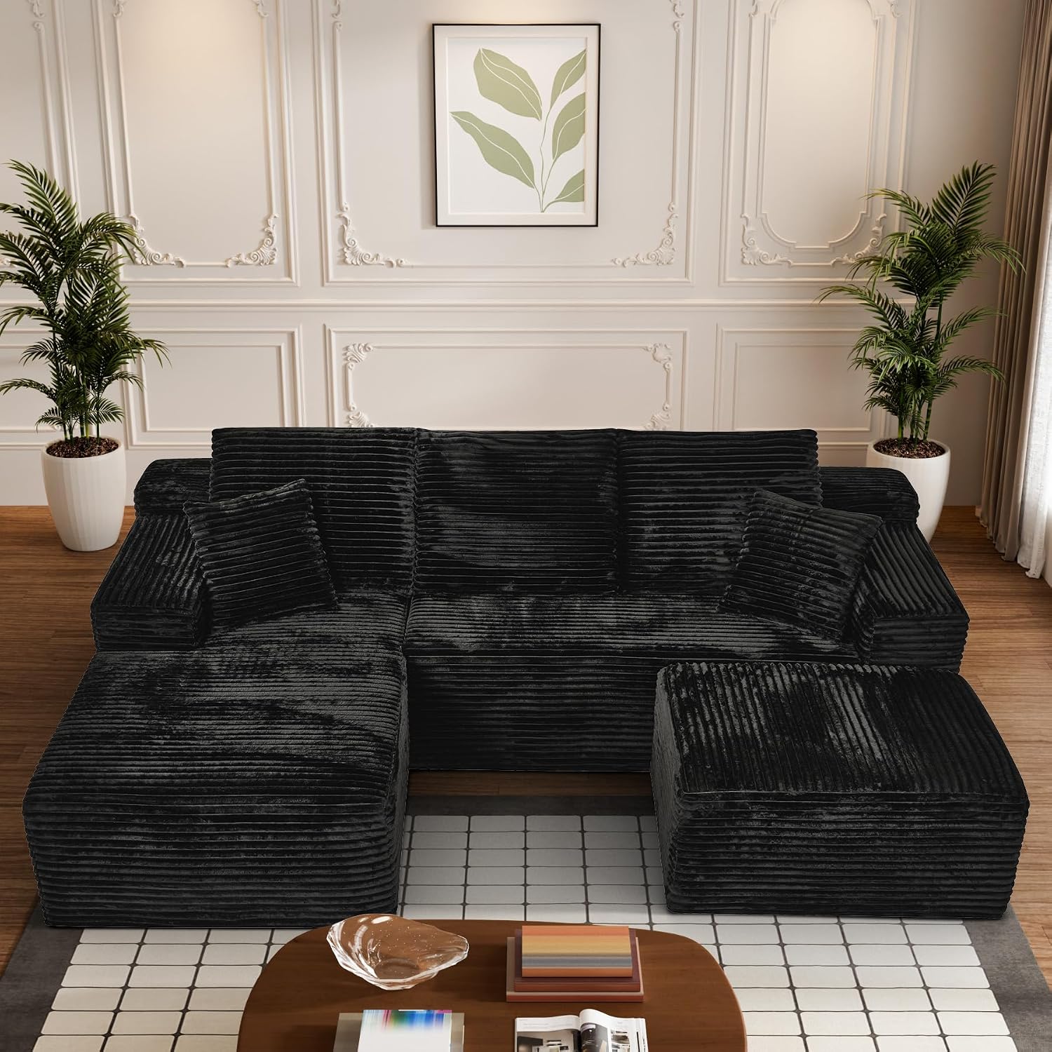 108' Boneless Couches for Living Room, U Shaped Comfy Cloud Modular Sectional Memory Foam Deep Seat Boneless Couch, No Assembly Required Sofa for Living Room with Left Facing Chaise & Ottoman, Black