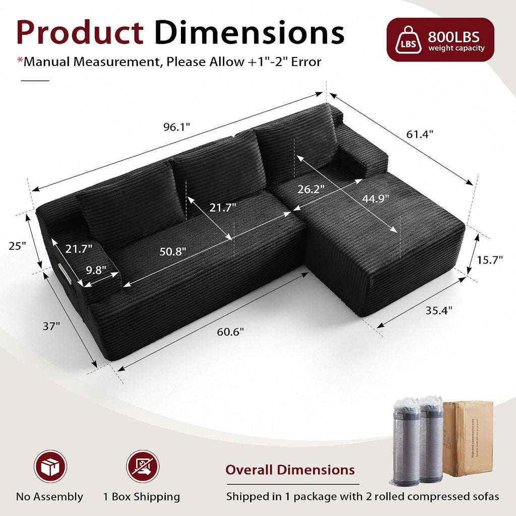 96''Sectional Couches for Living Room,Modern Modular Sectional Sofa,Upholstered Boneless Couch Comfy Cloud Couch with L Shaped Chaise (Black, 96''W Right Facing Chaise)