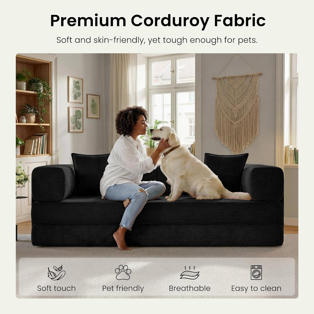78.8' Convertible Sofa Bed,Corduroy Futon Couch with Storage Pocket,Folding Pull Out Futon Sofa, No Assembly Boneless Couch for Living Room,Black