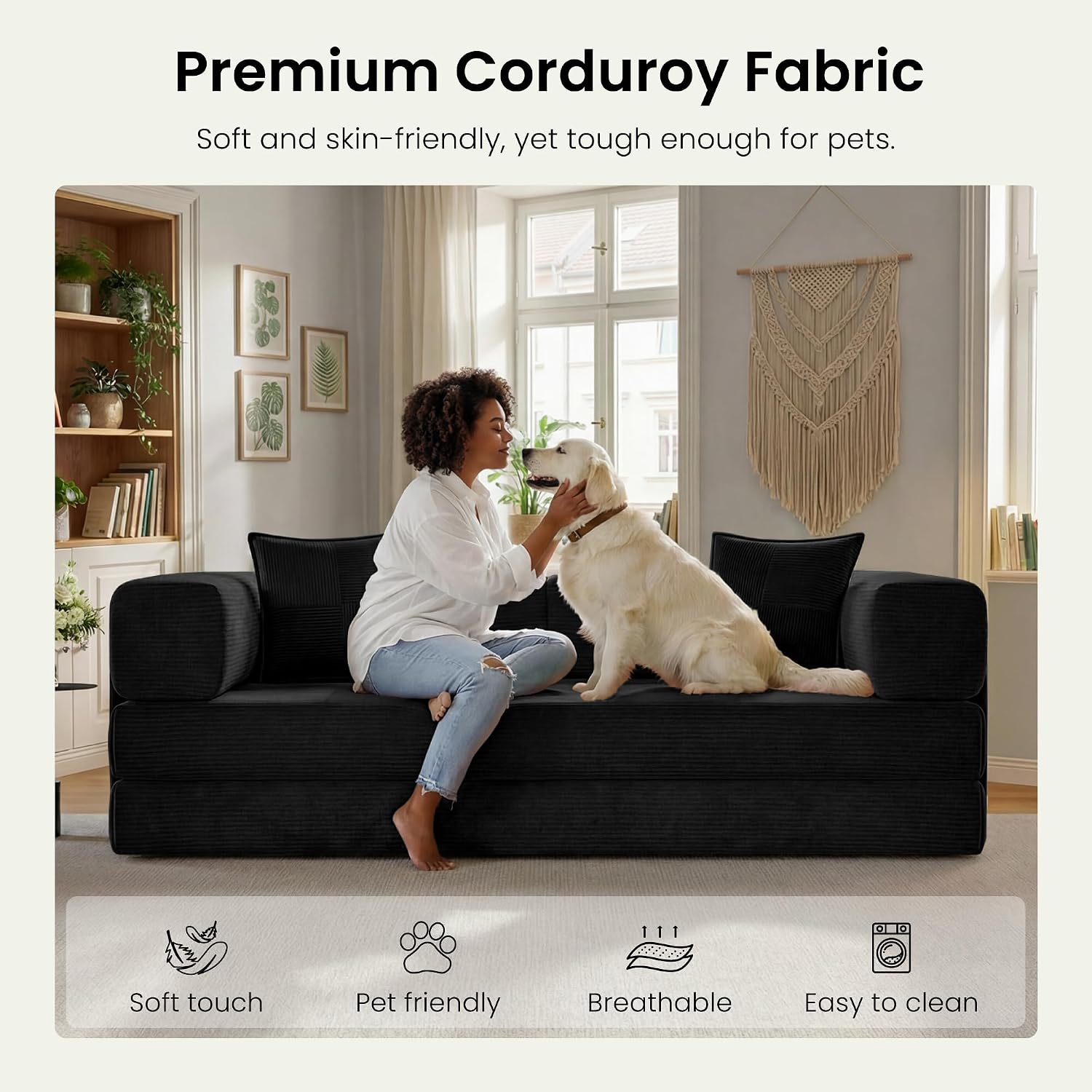 78.8' Convertible Sofa Bed,Corduroy Futon Couch with Storage Pocket,Folding Pull Out Futon Sofa, No Assembly Boneless Couch for Living Room,Black