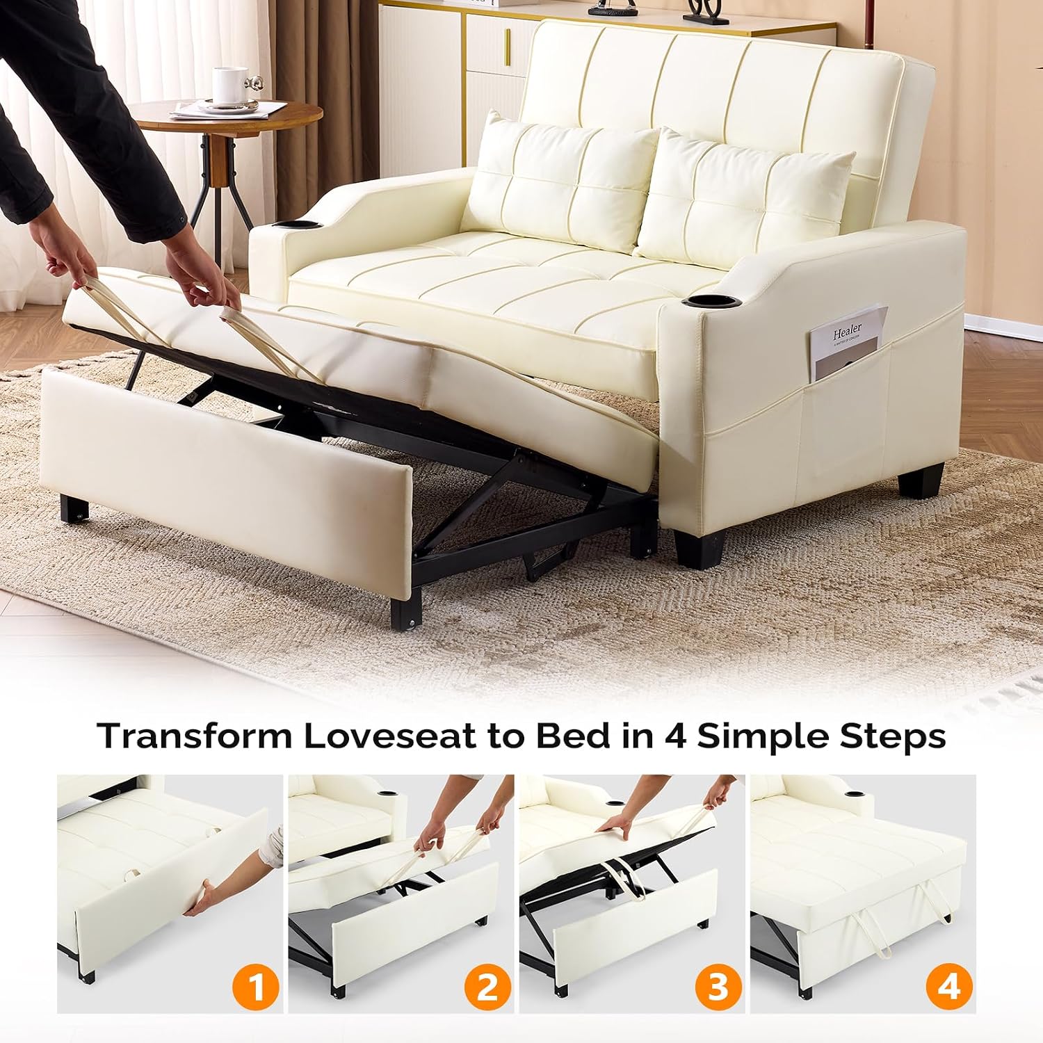 VINGLI Beige Futon Sofa Bed Convertible Loveseat Sleeper Couch, Faux Leather Pullout Sofa Fold Out Couch Bed with USB Ports, Cup Holders, Armrest for Living Room, Bedroom Apartment Room
