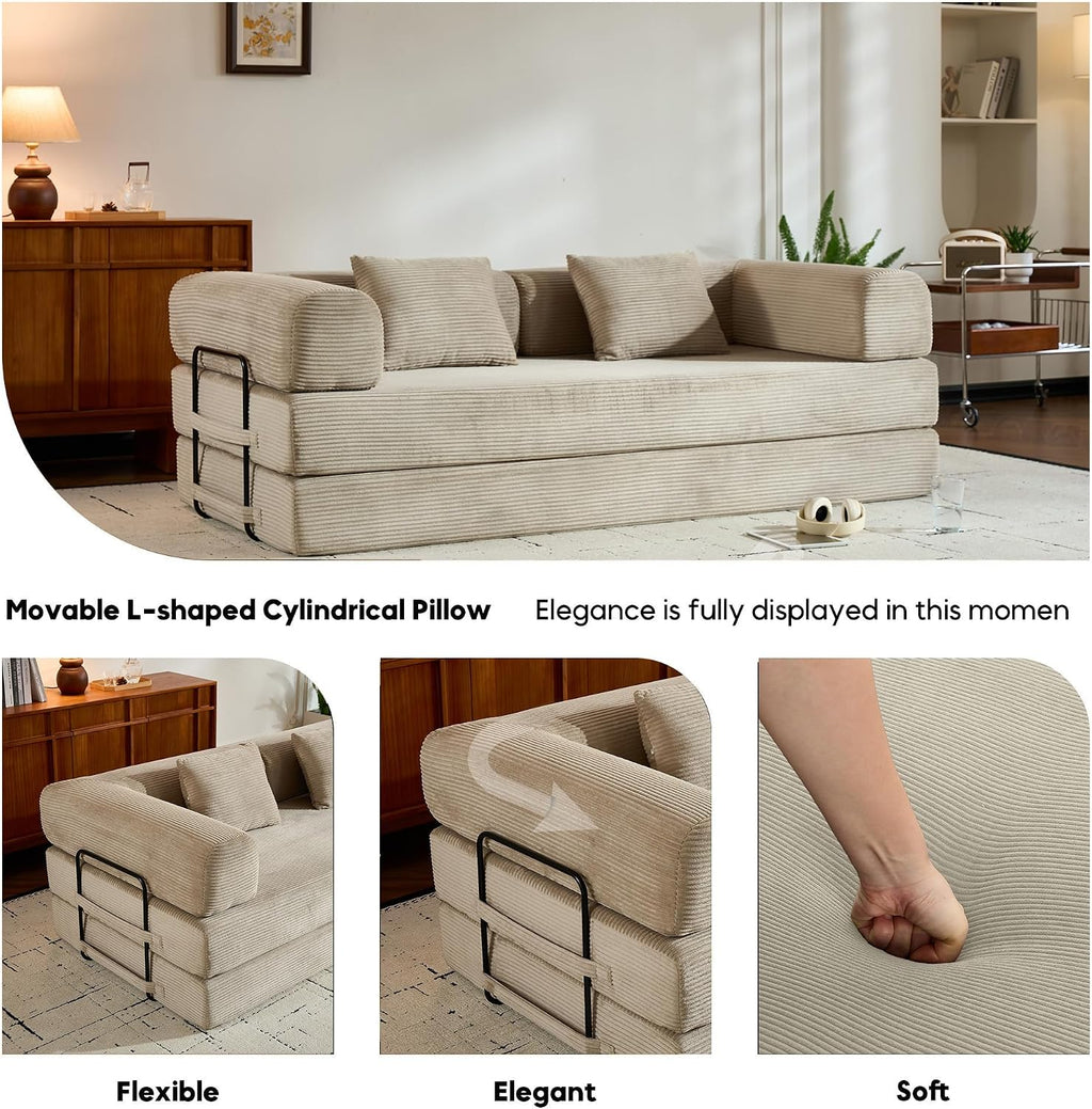 ZEIINPA Corduroy Floor Sofa Bed, Convertible Folding Couch Bed with Fixed-Shape Frame and Armrest for Living Room Bedroom Lounge Studio-Beige