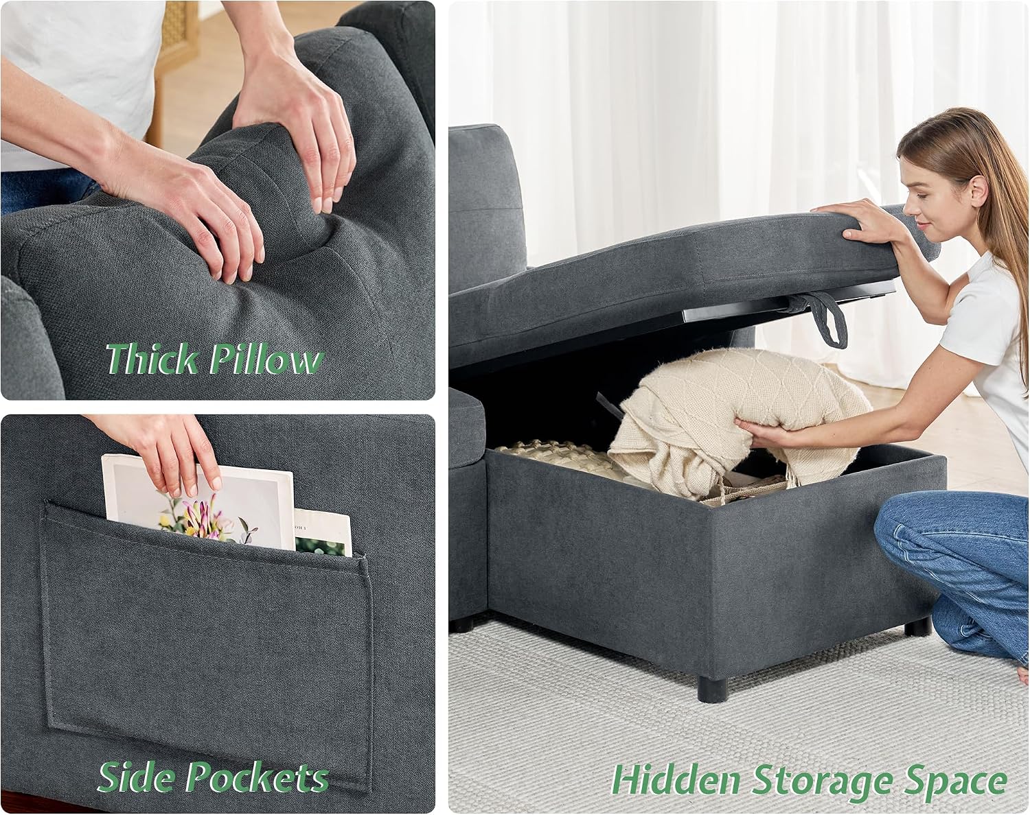 AMERLIFE 112 inch Sleeper Sofa, 2-in-1 Sofa Bed with Storage Chaise, Oversized U Pull Out Shape Sofa Couch for Living Room, Guest Room, Linen Grey