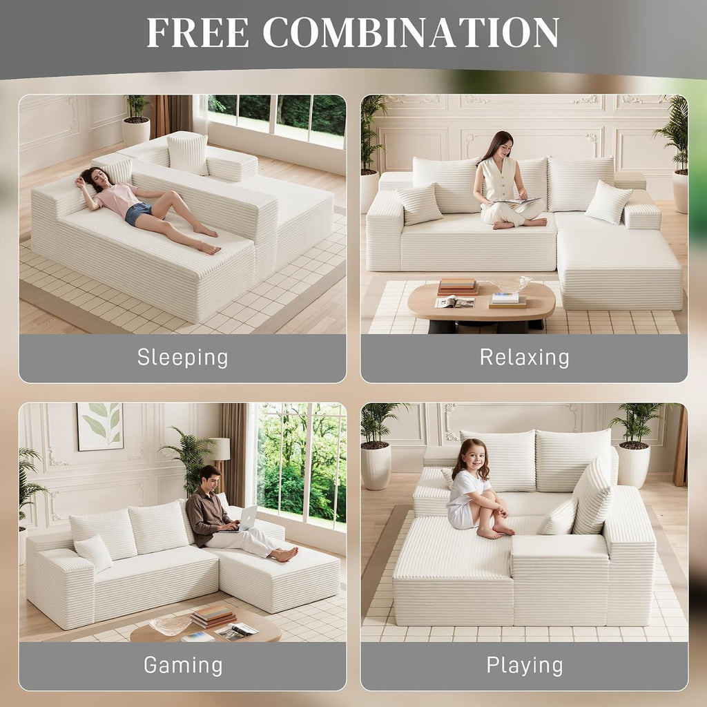 108' Boneless Couches for Living Room, L Shaped Comfy Cloud Modular Sectional Memory Foam Deep Seat Boneless Couch, No Assembly Required Boneless Sofa for Living Room with Right Facing Chaise, White