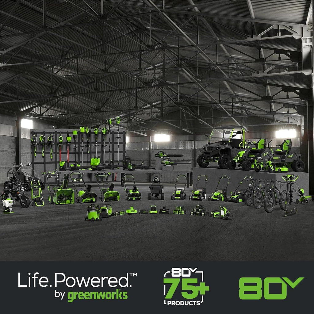 Greenworks 80V 21' Brushless Cordless (Self-Propelled) Lawn Mower (LED Headlight + Aluminum Handles), 4.0Ah Battery and Rapid Charger + Bonus 24V Power Tool Combo Kit