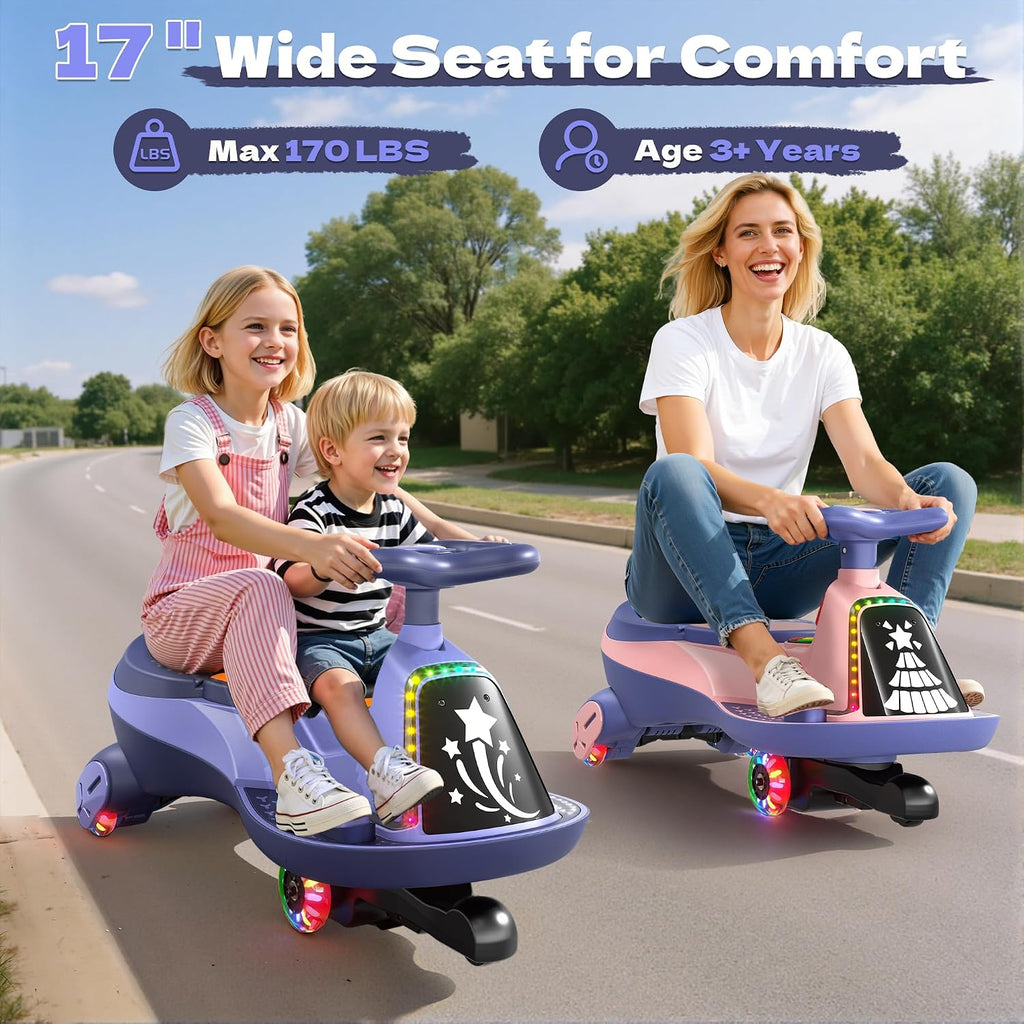 ANPABO 12V Electric Wiggle Car with Pedals, 2 Seater, 2x75W Motor, Music & Bluetooth, Ride On Toy for Kids Ages 3+, 170 Lbs, Purple