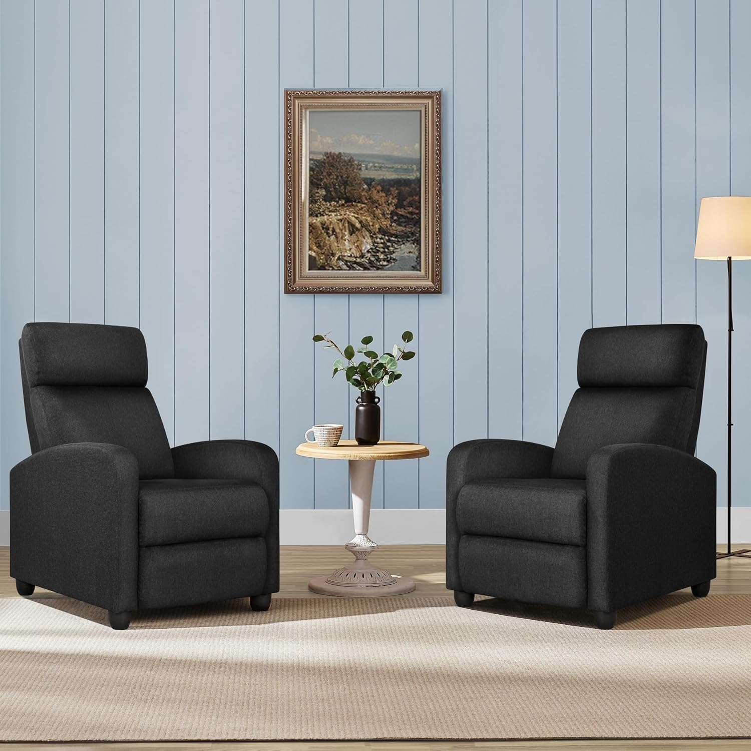 Yaheetech Recliner Chair Fabric Recliner Sofa Home Theater Seating with Lumbar Support Overstuffed High-Density Foam & Pocket Springs, Push Back Recliners Armchair for Living Room, Black