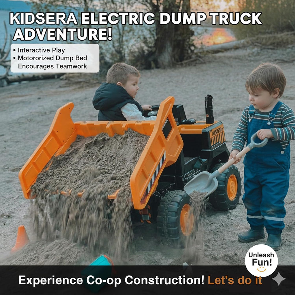 Kidsera 24V Ride On Dump Truck, 24 inch-2 Seater Ride On Car for Kids w/Remote Control 4WD/2WD Up to 5 Mph, 24v Ride on Toys for Big Kids w/Electric Dump Bed Extra Shovel Traffic Cones (Yellow)