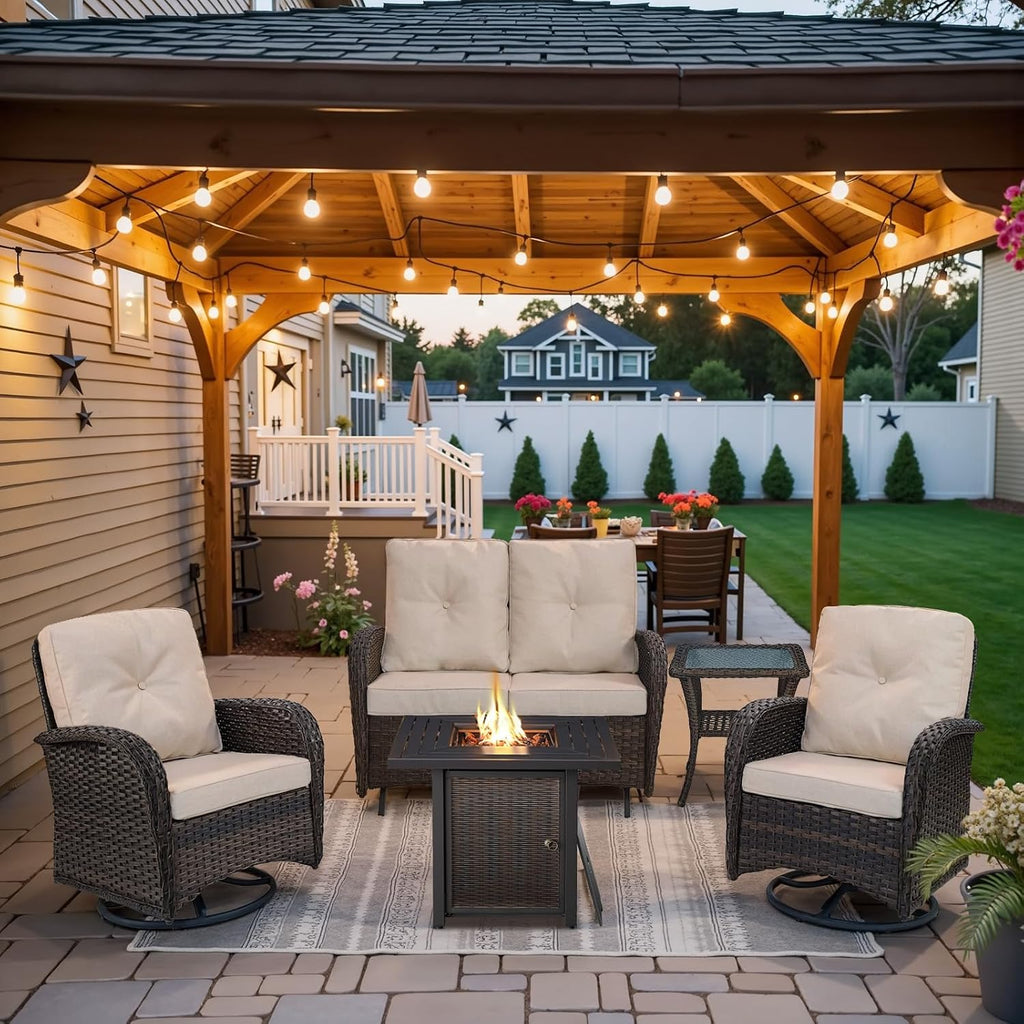 Belord 5 Pieces Patio Furniture Set with 30' Propane Fire Pit Table, Deep Seating Swivel Rocker Glider Outdoor Chairs Set of 4 with Side Table Set of 2 Patio Conversation Set Brown Wicker