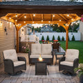 Belord 5 Pieces Patio Furniture Set with 30' Propane Fire Pit Table, Deep Seating Swivel Rocker Glider Outdoor Chairs Set of 4 with Side Table Set of 2 Patio Conversation Set Brown Wicker