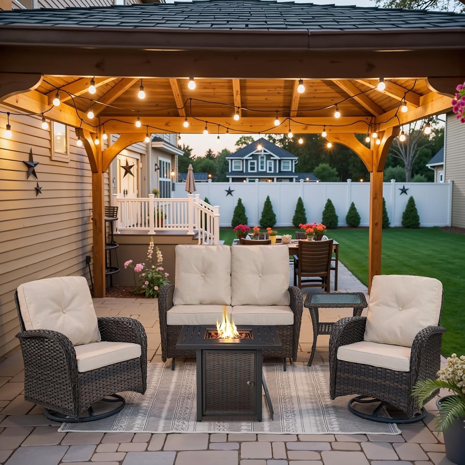 Belord 5 Pieces Patio Furniture Set with 30' Propane Fire Pit Table, Deep Seating Swivel Rocker Glider Outdoor Chairs Set of 4 with Side Table Set of 2 Patio Conversation Set Brown Wicker