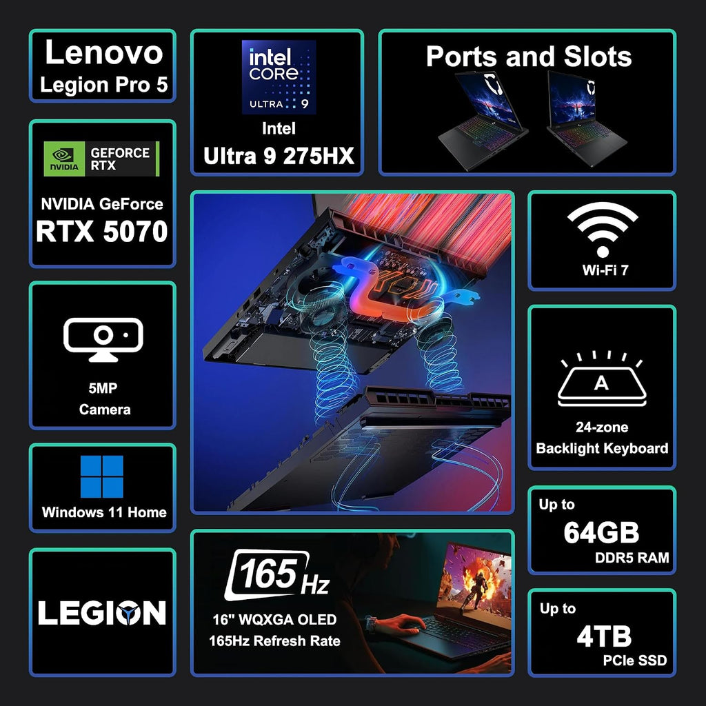 Lenovo Legion Pro 5 Gaming AI Laptop 16' WQXGA 2560x1600 OLED 165Hz Intel 24-core Ultra 9 275HX 32GB RAM 1TB SSD GeForce RTX 5070 DLSS4 (Up to 798 AI Tops) RGB Backlit Harman Wi-Fi7 Win11 ICP Hub