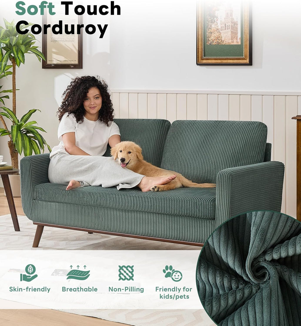 Kingfun 65' Corduroy Love Seat with Spring Cusions, Mid Century Modern Loveseat Sofa for Livingroom & Bedroom, Comfy Upholstered Small Couch, Green
